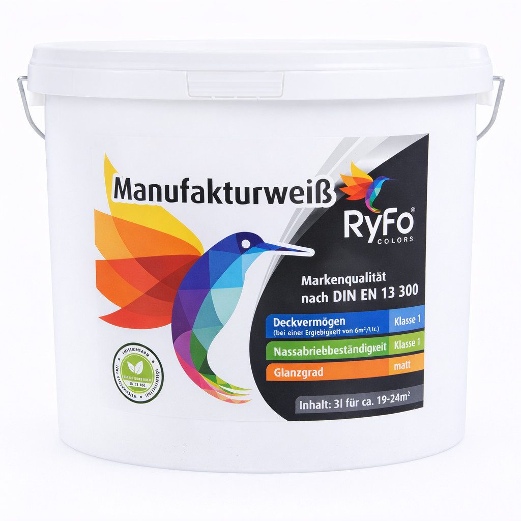 RyFo Colors Wand- und Deckenfarbe RyFo Colors Manufakturweiß, Deckkraft-/Nassabriebklasse 1, matt, atmungsaktiv, für Innenräume