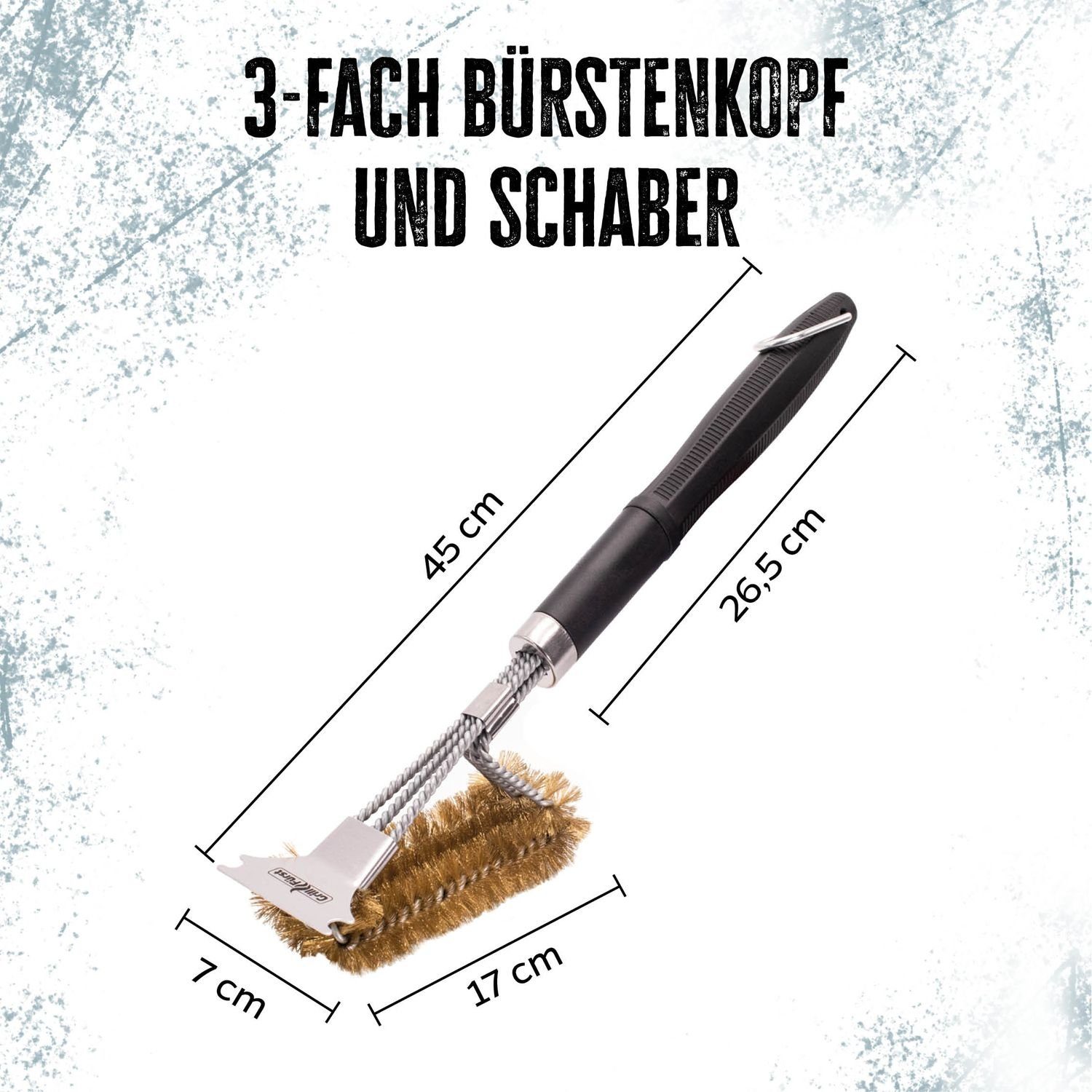 Grillfürst Grillbürste 2x Grillfürst Premium Grillbürste aus Messing mit langem 3-fach Bürstenkopf und Schaber