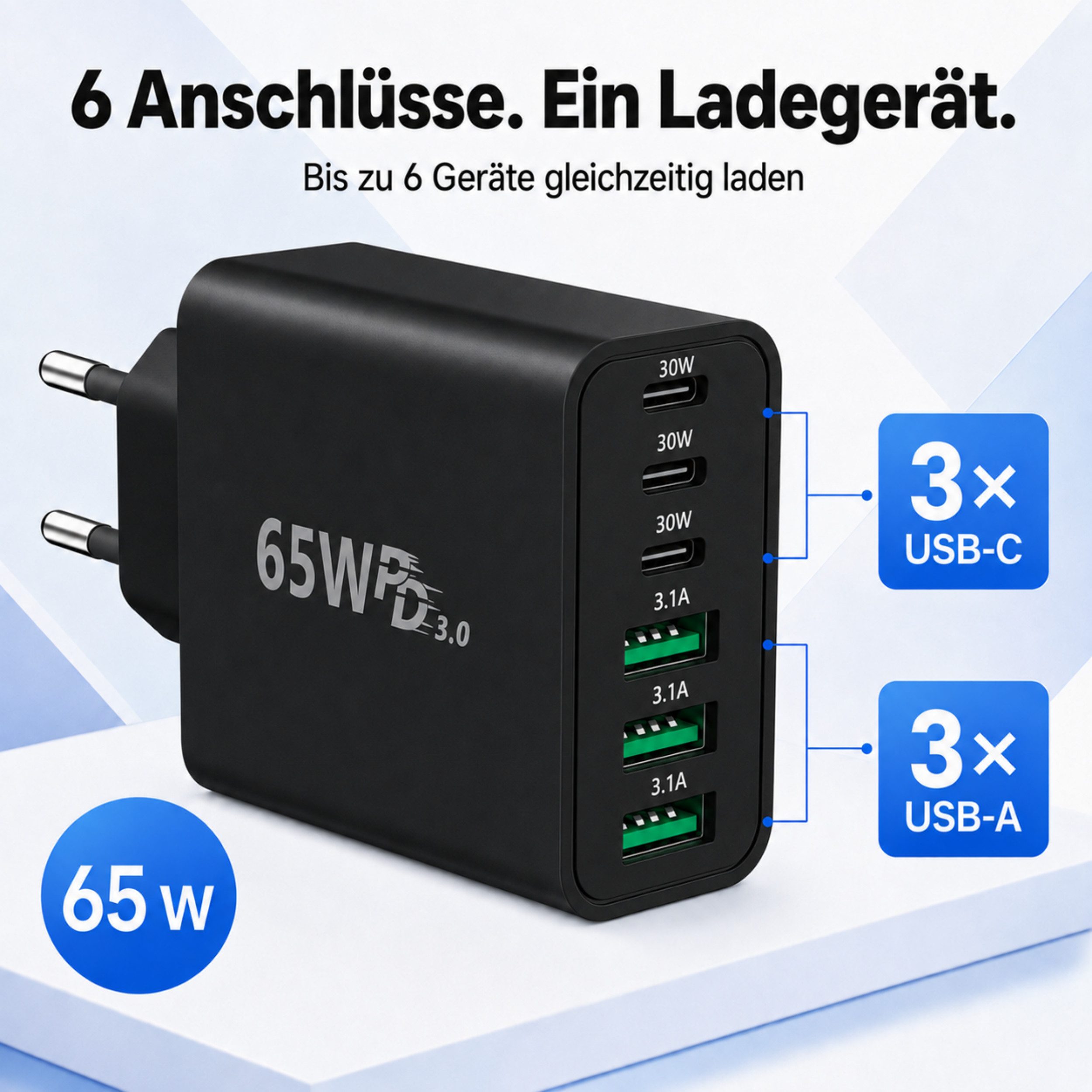 PlugUp 65W Ladegerät 6-Port 30W Schnellladeadapter mit USB-C Ladekabel USB-Ladegerät (3100 mA, Set, Inkl. USB-C Ladekabel, Universelles Schnellladegerät mit USB – Bild 2 von 5
