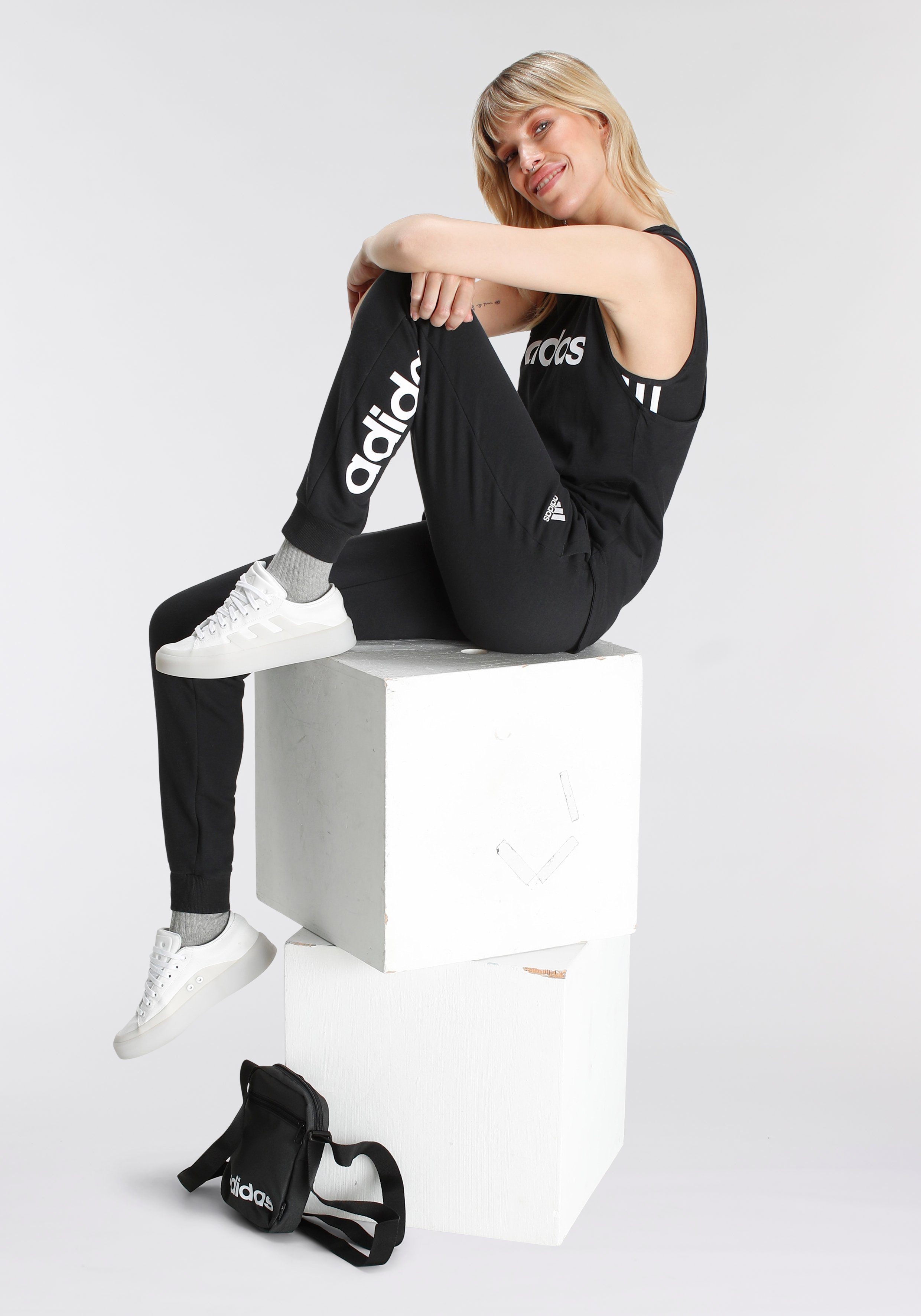adidas ESSENTIALS Black Sporthose LINEAR (1-tlg) HOSE White CUFFED Sportswear FRENCH / TERRY
