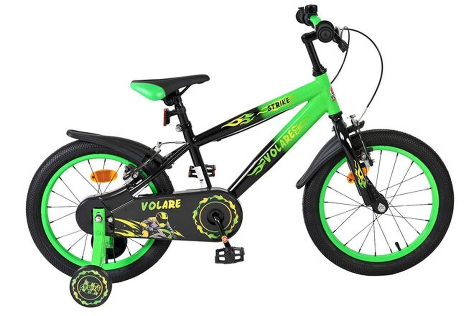 Volare Kinderfahrrad Strike 16 Zoll Jungen Schwarz Grün mit zwei Handbremsen, Zwei Handbremsen, Keine Rücktrittbremse, Abnehmbare Stützräder