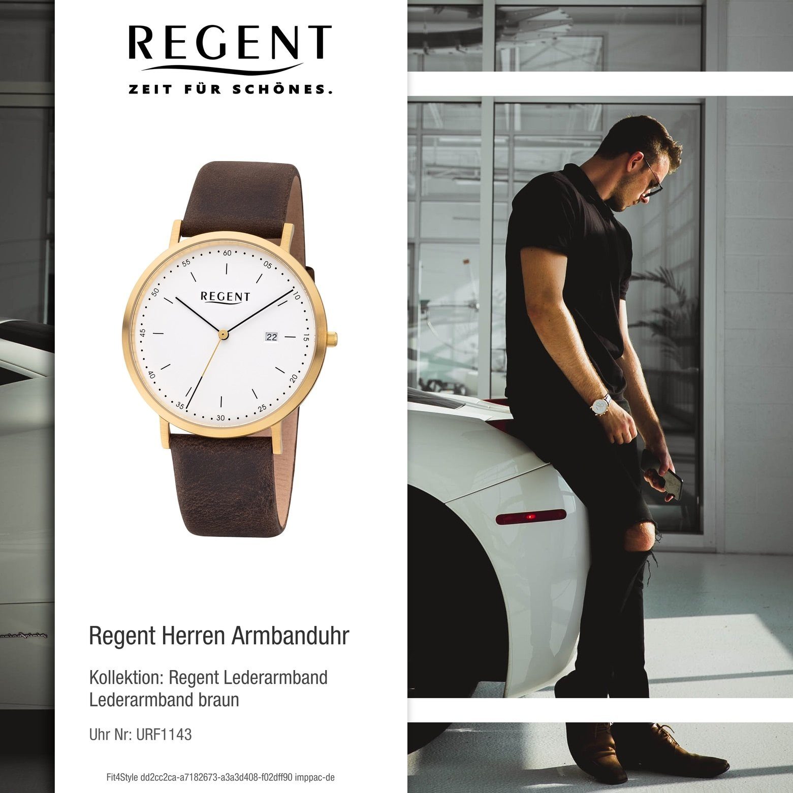 Armbanduhr Quarzuhr (ca. rund, Herren Lederarmband Regent groß Regent Herren Uhr 40mm), F-1143 Quarz, Leder