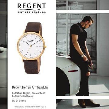 Regent Quarzuhr Regent Herren Uhr F-1143 Leder Quarz, Herren Armbanduhr rund, groß (ca. 40mm), Lederarmband
