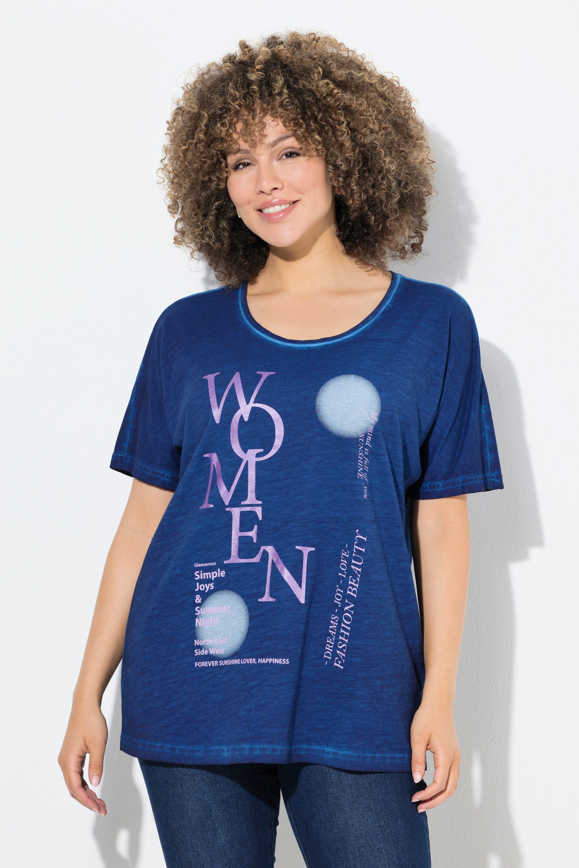Ulla Popken T-Shirt T-Shirt Schriftmotiv Oversized Rundhals Halbarm günstig online kaufen