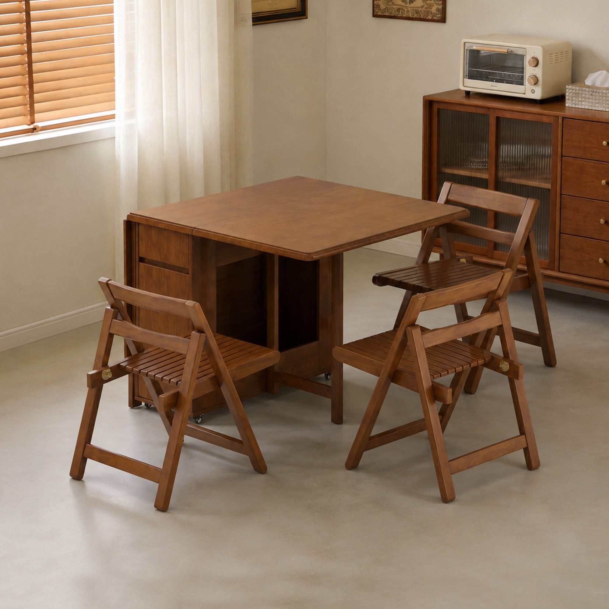 oleyluckidea Esstisch klappbar Massivholz Klapptisch 130 cm mit Stauraum & Rollen Nussbaum (4-St., ein Esstisch), Breite 13Ocm – Bild 3 von 5