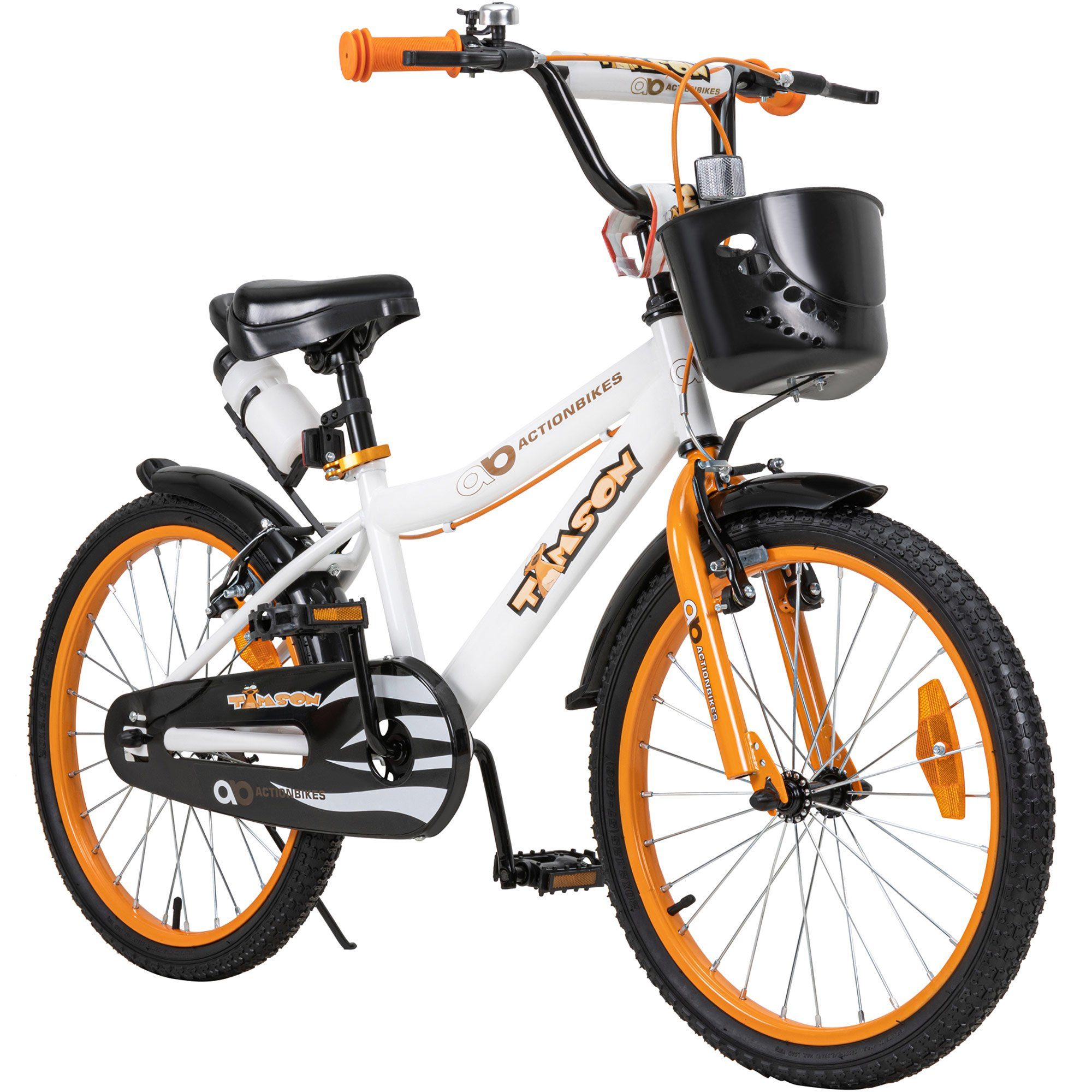 Actionbikes Motors Kinderfahrrad Jungs Mädchen Kinder Fahrrad Timson inkl. Fahrradkorb & Trinkflasche, 1 Gang, ohne Schaltung, (20 Zoll, ab 115 cm Körpergröße, max. Zuladung 50 kg, Fahrradständer, Klingel, Trinkflasche inkl. Halterung, Reflektoren, Antirutschgriffe, 1-tlg., V-Brake-Bremsen, Luftbereifung, Schutzbleche, weiß / orange / schwarz), höhenverstellbares Bike Jungen Mädchen Kinderrad ab 6 Jahre