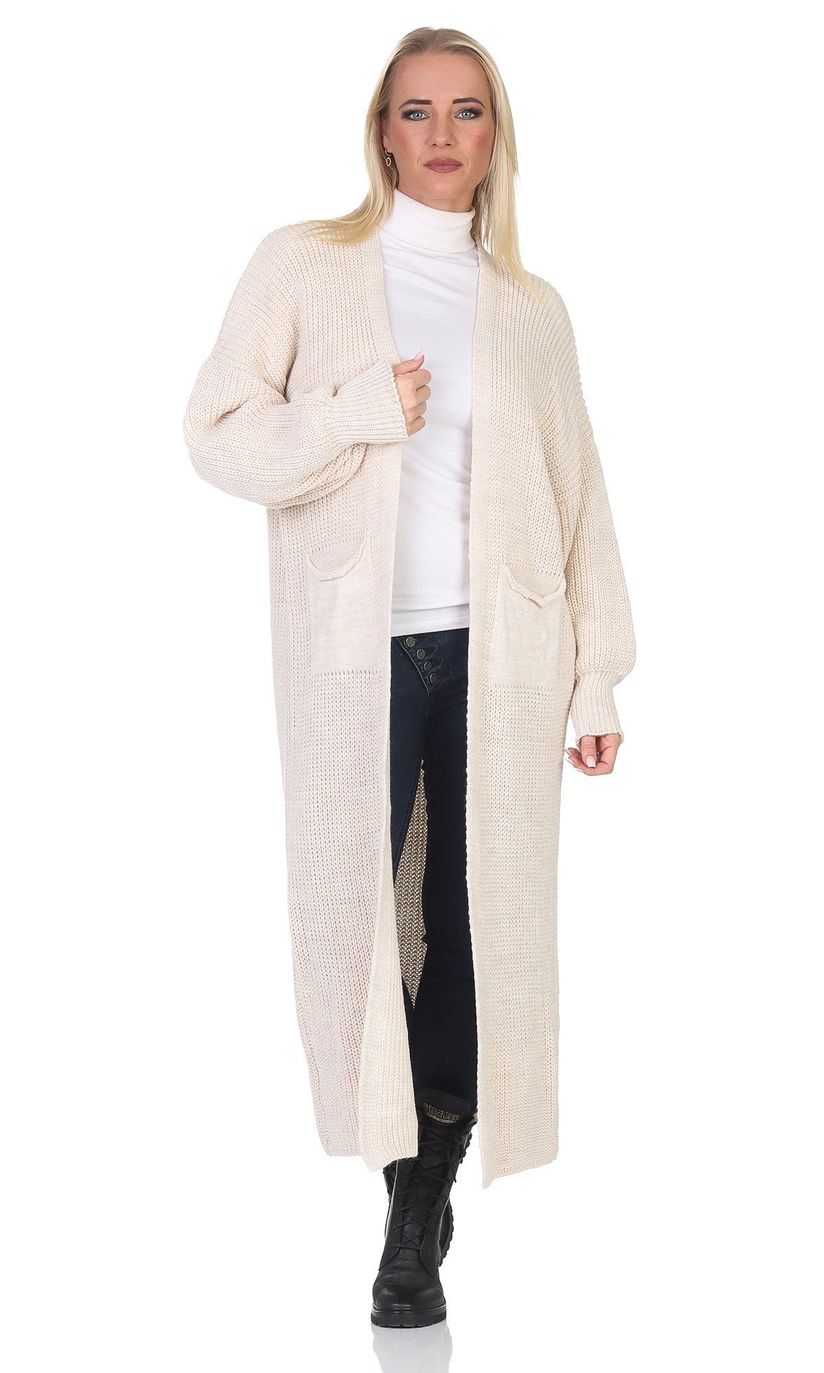 Mississhop Longstrickjacke extra lange Strickjacke Cardigan Jacke M.384 Beige