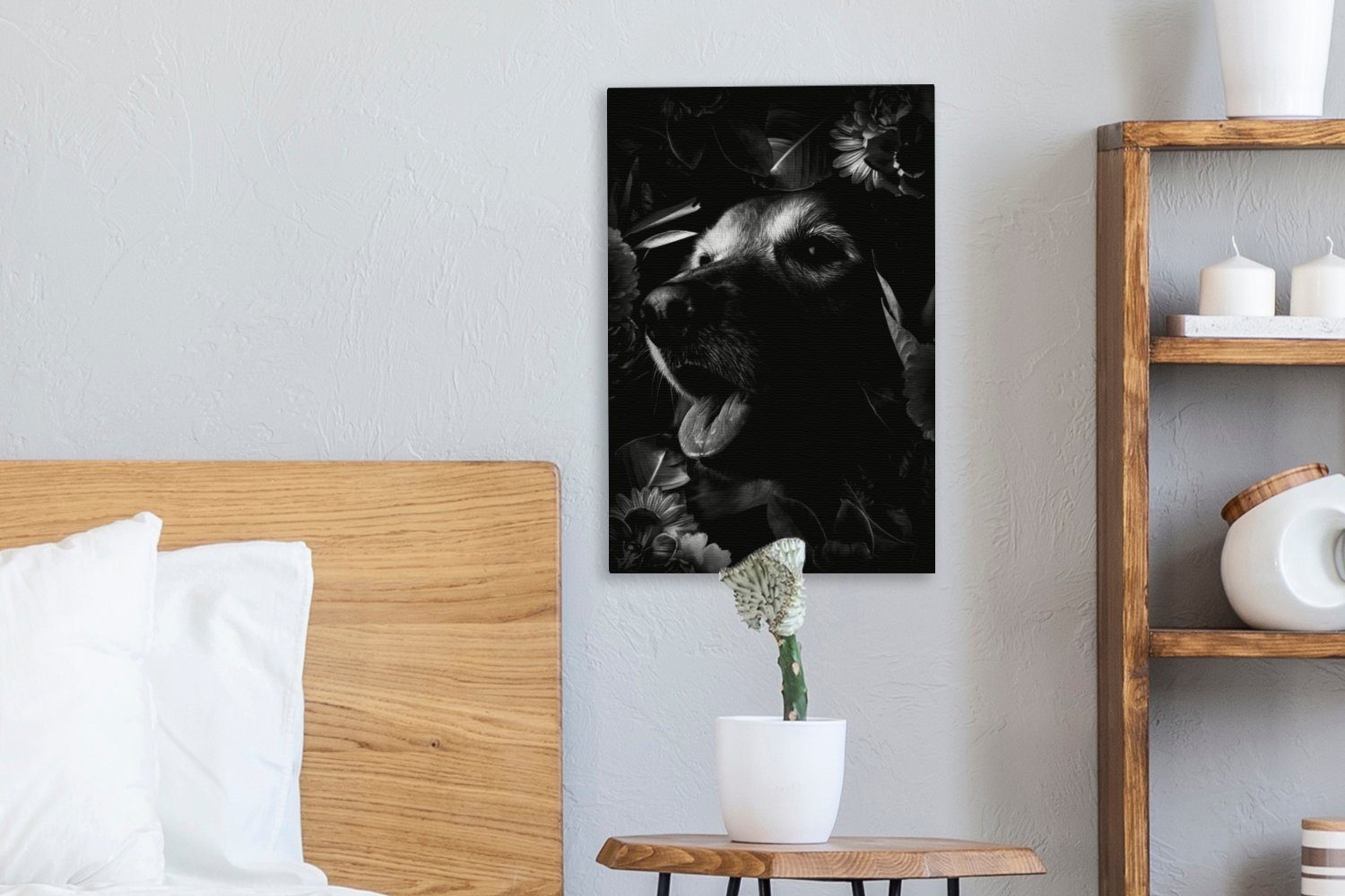 OneMillionCanvasses® Leinwandbild Botanischer Hund auf cm weiß, bespannt (1 dunklem und fertig St), - schwarz inkl. Gemälde, Zackenaufhänger, Hintergrund Leinwandbild 20x30