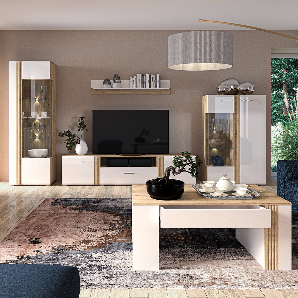 Lomadox Wohnzimmer-Set AKRON-131, (Mega-Spar-Set, 5-St., 5-tlg), Wohnzimmermöbel Vitrine, Highboard, Lowboard, Wandboard, Couchtisch