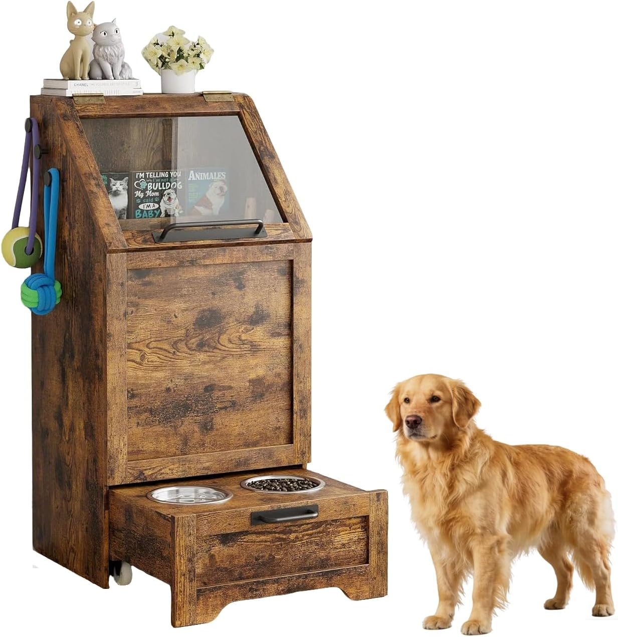 GarveeMore Futterstation Futterschrank Hunde mit 2 Edelstahlnäpfen Tierfutterschrank