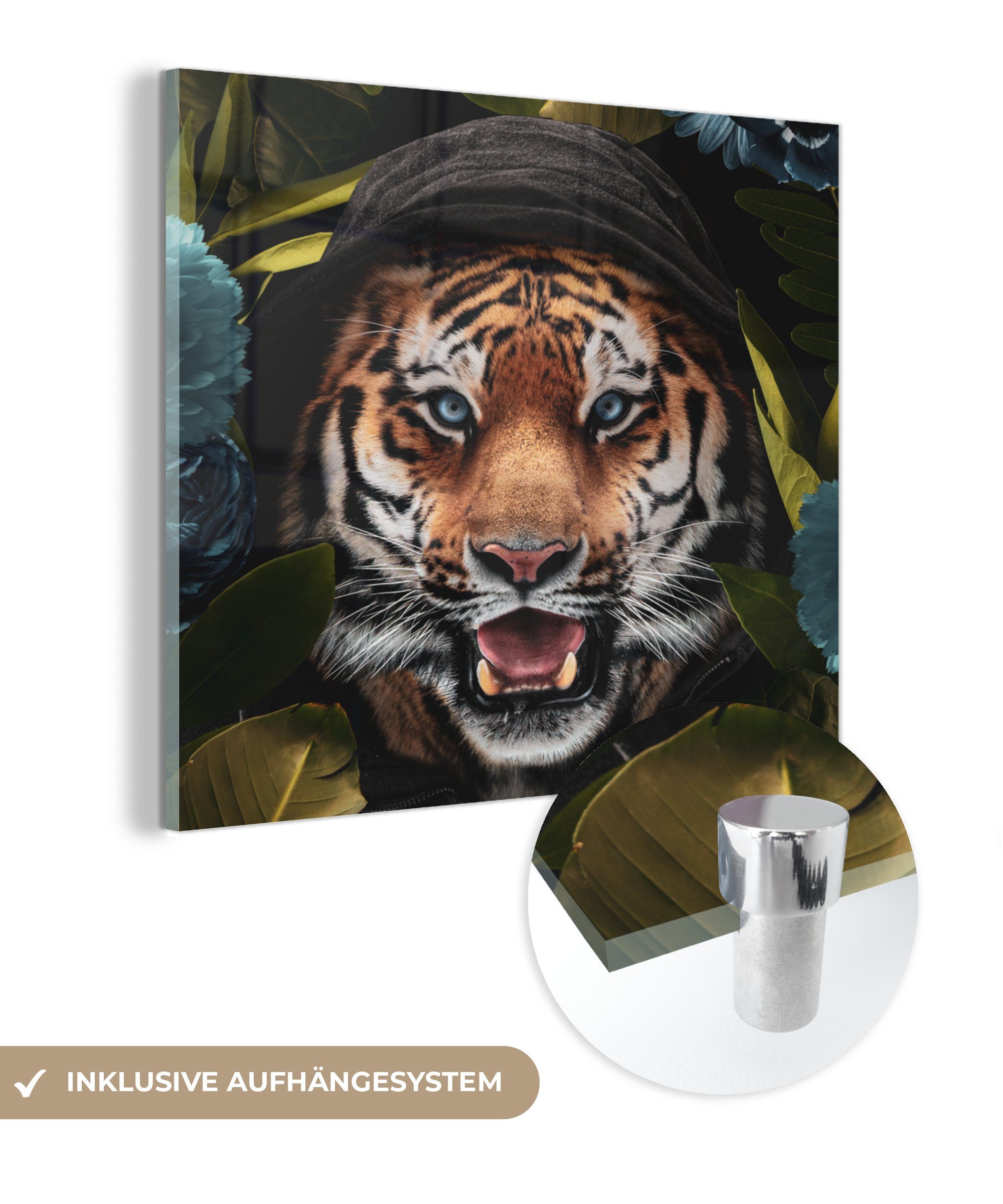 MuchoWow Acrylglasbild Tiger - Blumen - Glas Kleidung, Foto (1 - auf Wanddekoration Bilder Wandbild - Glasbilder Glas St), auf 