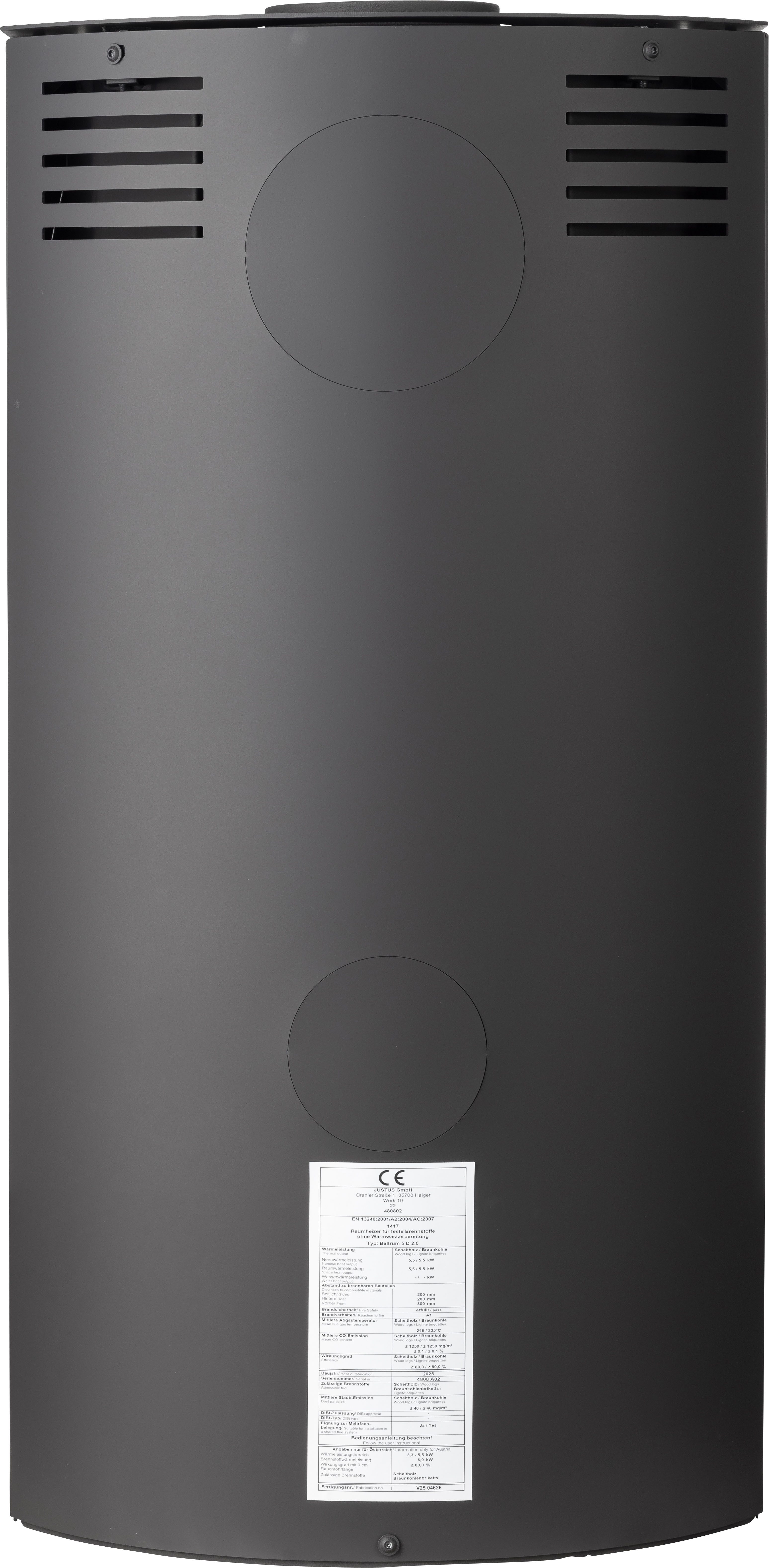 JUSTUS Kaminofen »Baltrum D 2.0« Speckstein Korpus Stahl Gussgrau, 5,5 kW, Dauerbrand