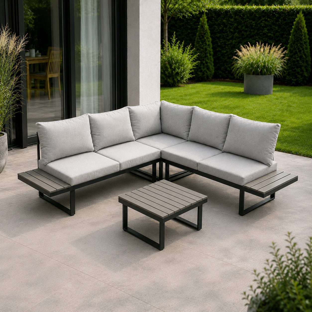 Greemotion Gartenlounge-Set Pisa Ecklounge Stahl grau mit Tisch Auflagen und Liegefunktion, (4-tlg), inkl. Auflagen
