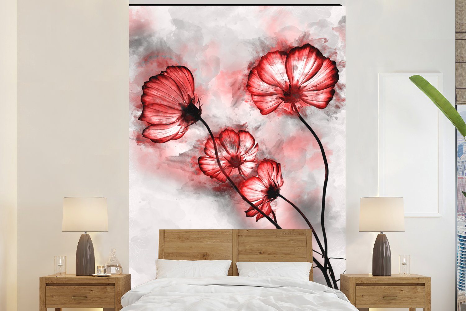 MuchoWow Fototapete Blumen - Aquarell - Rot, Matt, bedruckt, (3 St), Montagefertig Vinyl Tapete für Wohnzimmer, Wandtapete