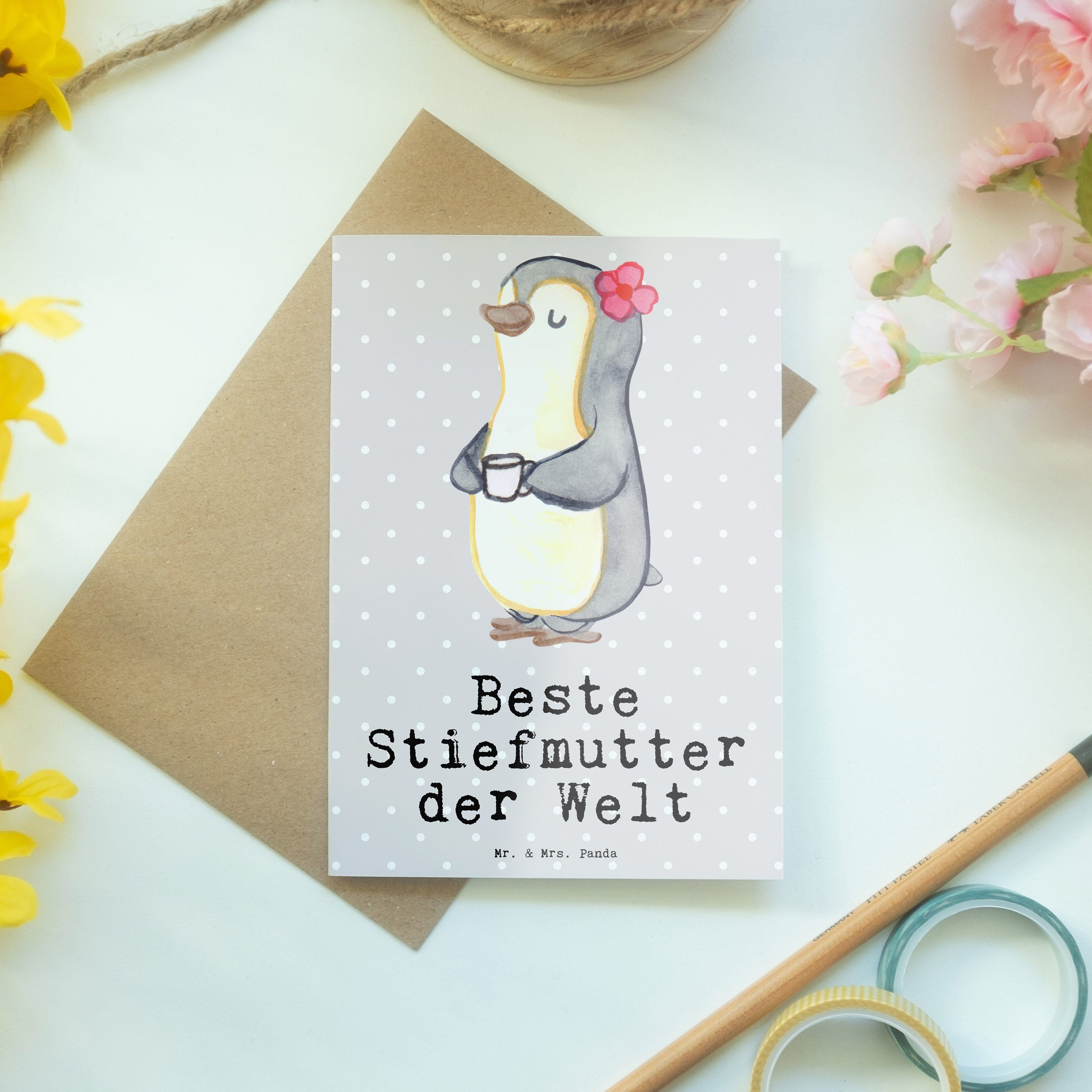 Mr. & Mrs. Panda Dankesc Stiefmutter Pastell Geschenk, - Grau - der Pinguin Beste Welt Grußkarte