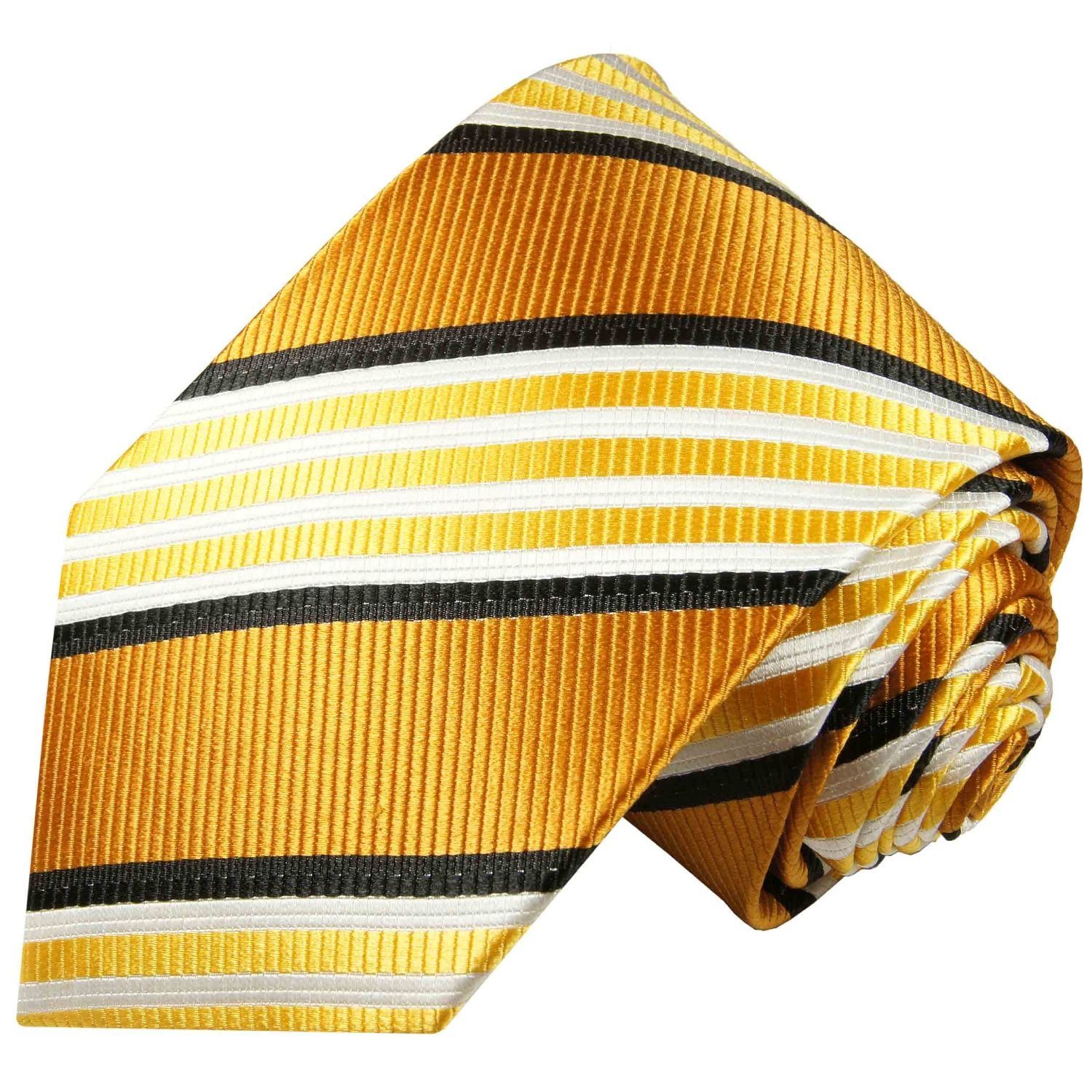 264 (Set, (8cm), Malone 100% gestreift Tuch Krawatte mit gold Herren mit Seide 2-St., Seidenkrawatte orange Einstecktuch) Krawatte Paul Moderne Breit