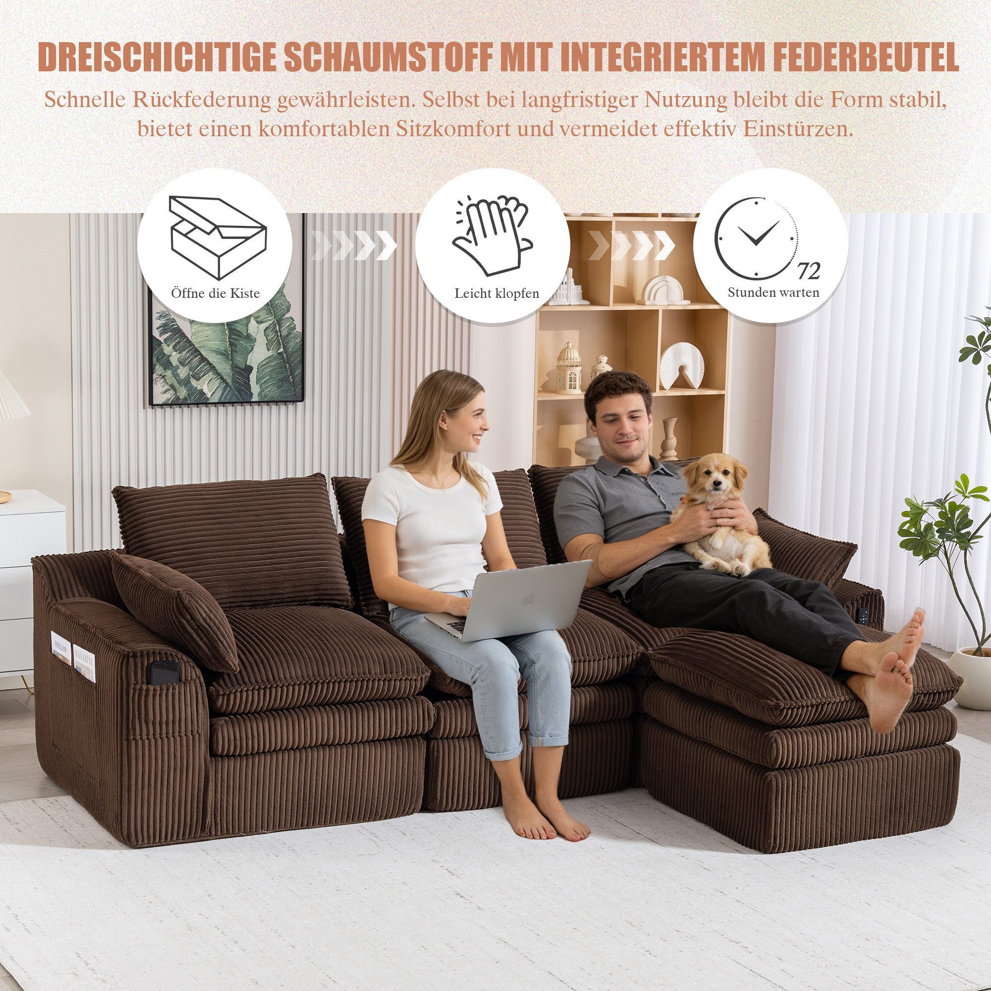 HAUSS SPOLE Loungesofa mit Seitentaschen,Dreisitzer Relaxsofa Sitzgruppe mit Hockern,Braun, Schwammstruktur mit integriertem Federkern, Frei kombinierbar – für Wohnzimmer, Büro & mehr