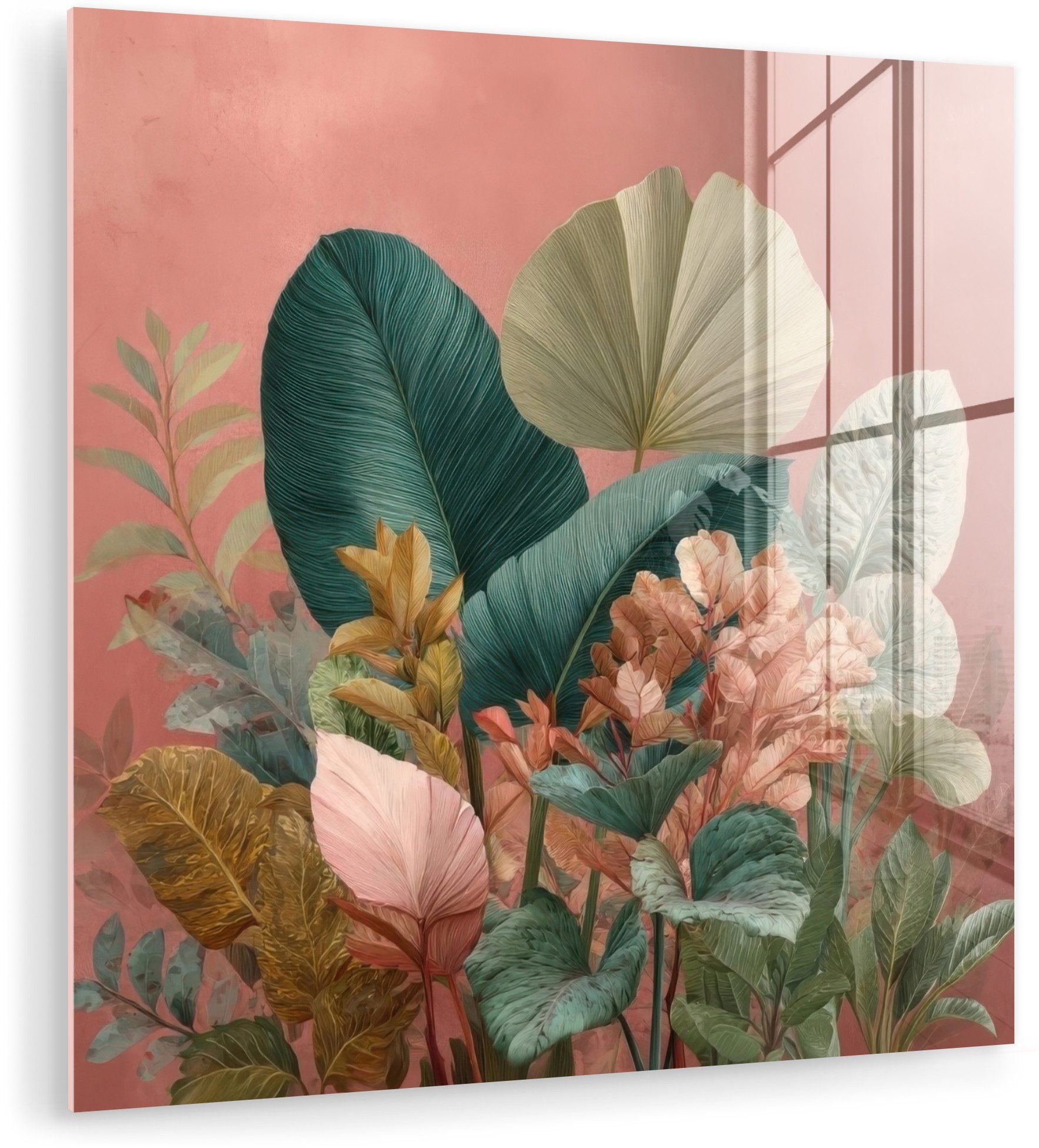 MuchoWow Acrylglasbild Tropische Blätter - Blumen - Rosa - Grün, Inkl. Aufhängung, Bilder auf Glas Wandbild, Wanddeko Wohnzimmer Badezimmer, 20x20 cm