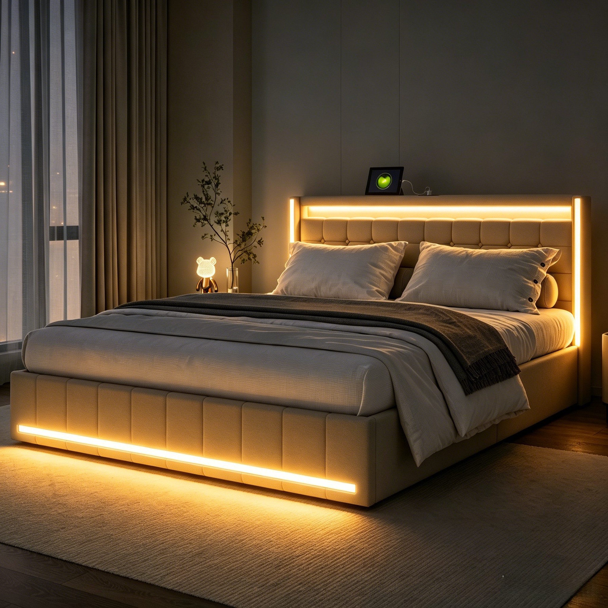 PXloue Polsterbett LED-Bett mit Stauraum und Ladeanschluss (Geeignet für Jugendliche und Erwachsene), Fernbedienung für LED-Farben und sicheres Leinenmaterial 140x200 cm
