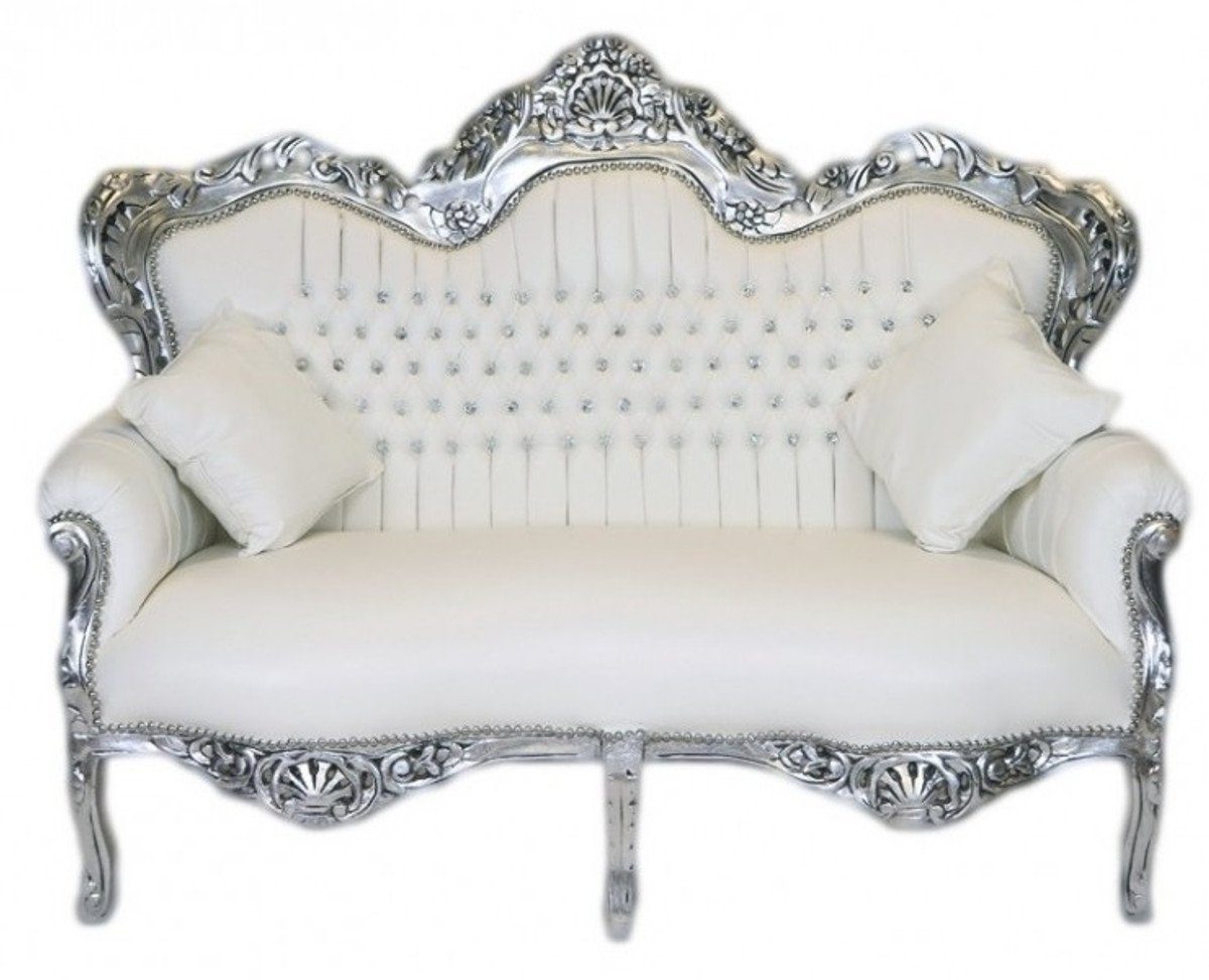 Casa Padrino 2-Sitzer Barock 2er Sofa Master Weiß Lederoptik / Silber - Wohnzimmer Couch Möbel Lounge