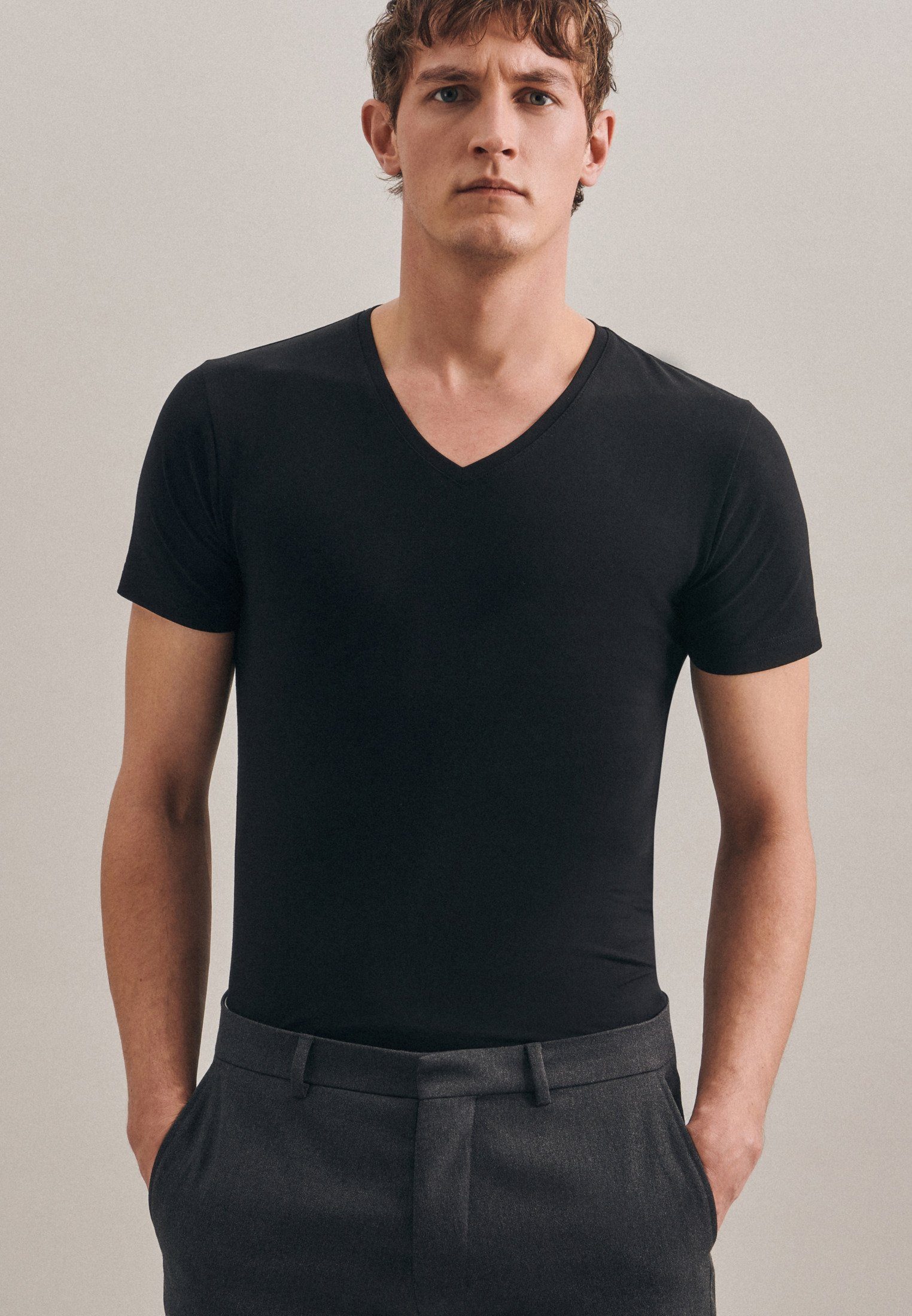 seidensticker T-Shirt Schwarze Kurzarm V-Neck Rose Uni