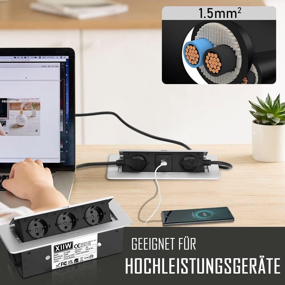 XERSEK Versenkbare Einbausteckdose Tischsteckdosenleiste Mehrfachsteckdose Mehrfachsteckdose 2-fach (Netzteil, USB-Anschluss, 3-fach + 2 USB inkl. 1,8m Anschlusskabel, Aluminium Spritzguss Softöffnung, Silber, 26,5*11,8*6,5 cm (LXBXH), 3500W/16A, für Büros Hotels Küche, Kabellänge 1.8 m)