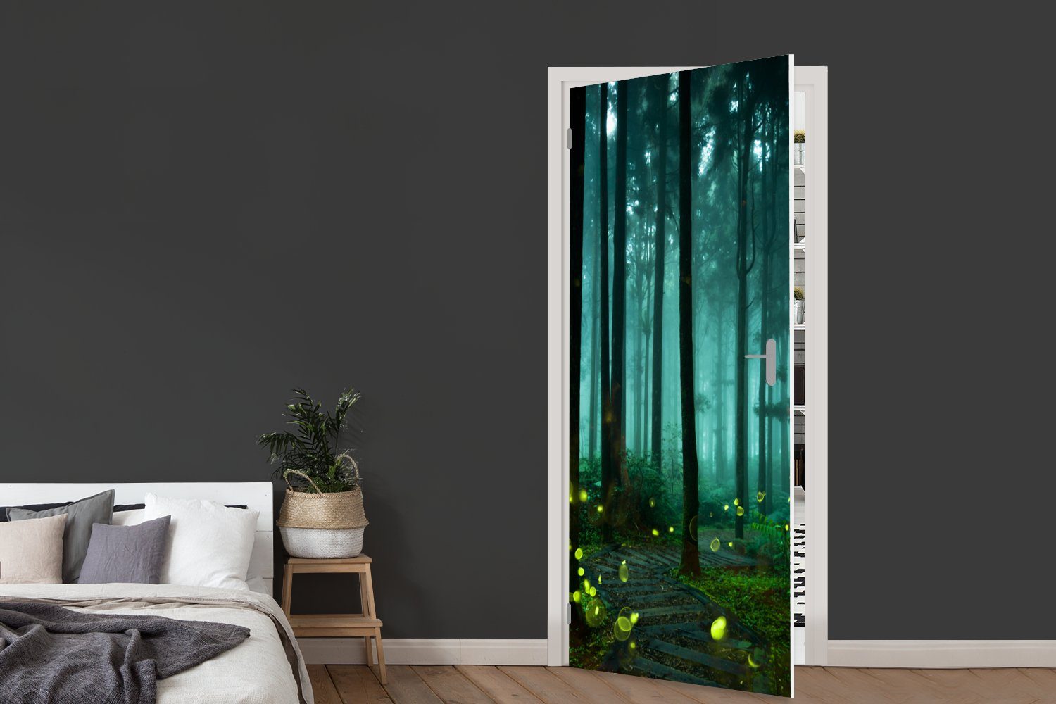 Wald, Tür, 75x205 bedruckt, beleuchten Türaufkleber, St), (1 Glühwürmchen Türtapete Matt, MuchoWow cm Fototapete einen für