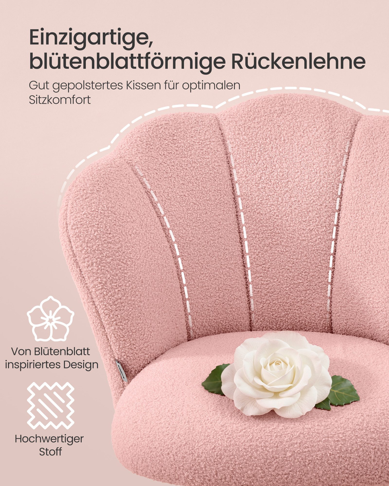 SONGMICS Bürostuhl Schminktischstuhl, für Wohnzimmer, Schlafzimmer, 64 x 64 x (79-89) cm, bis zu 110 kg belastbar, Blütenblatt-Rückenlehne, höhenverstellbar