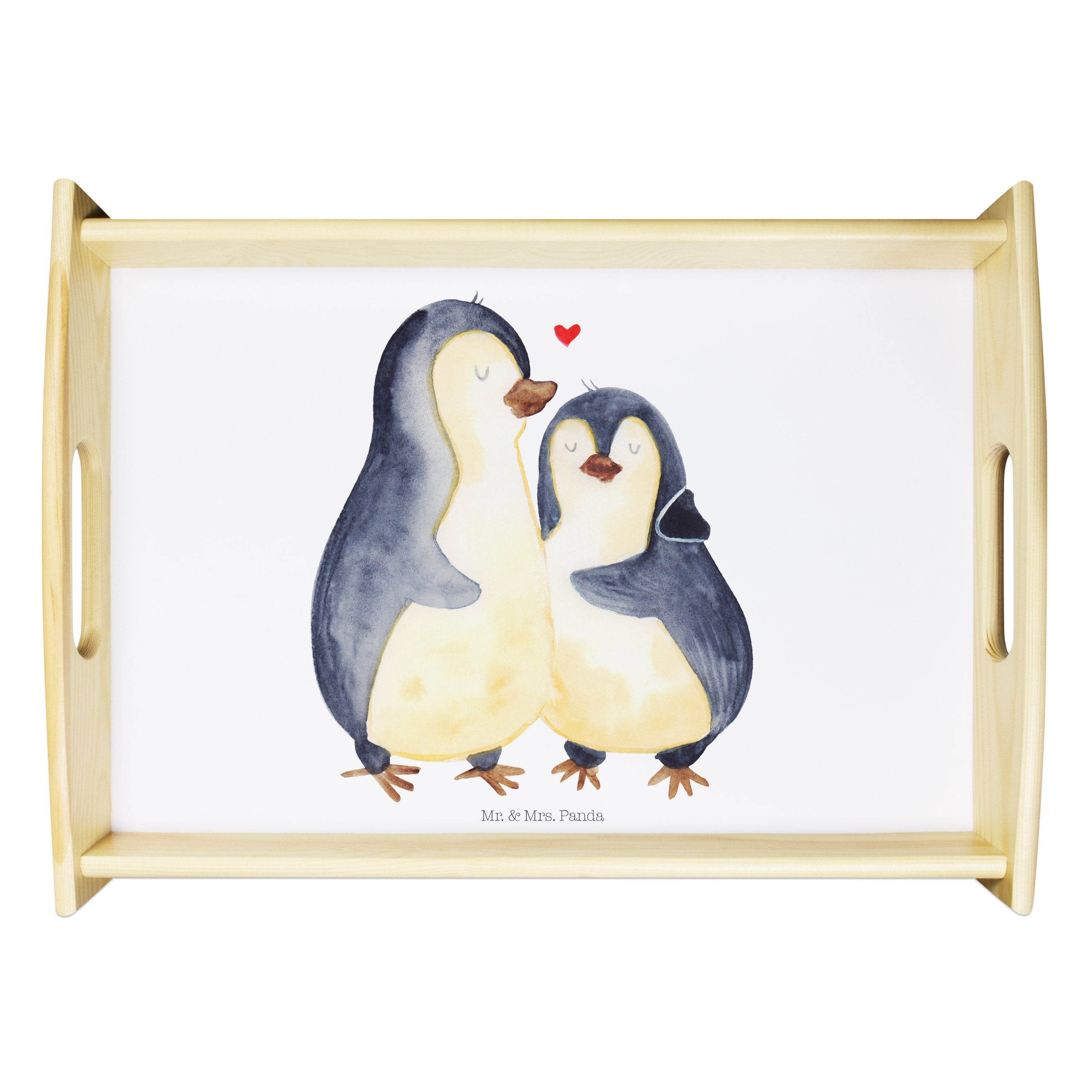 Mr. & Mrs. Panda Tablett Pinguin umarmend - Weiß - Geschenk, Holztablett, Frühstückstablett, g, Echtholz lasiert, (1-tlg)