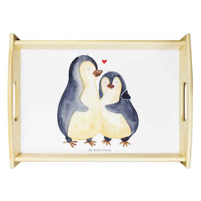 Mr. & Mrs. Panda Tablett Pinguin umarmen - Weiß - Geschenk, Holztablett, Frühstückstablett, gl, Echtholz lasiert, (1-tlg), Kratzfeste Oberfläche