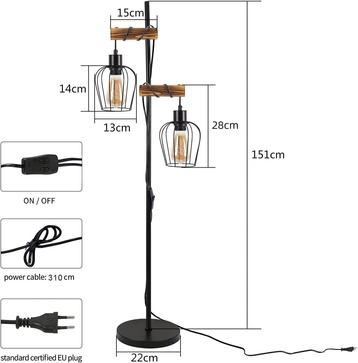 Nettlife Stehlampe Stehleuchte 2 Flammig schwarz Vintage aus Holz 151cm, mit Kippschalter, LED wechselbar, für Wohnzimmer schlafzimmer Esszimmer Büro
