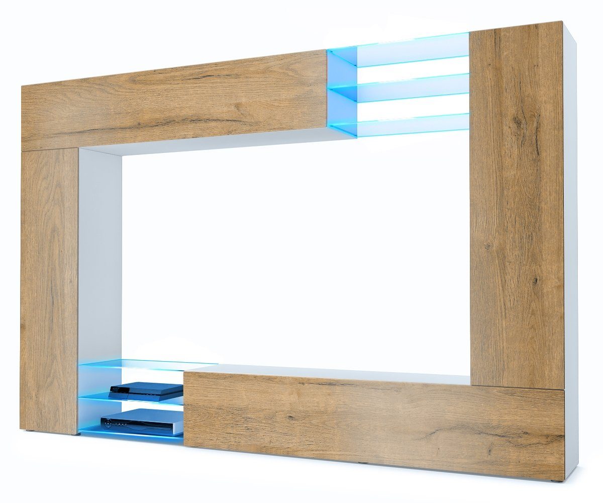 Vladon Wohnwand Mirage, (Anbauwand mit Rückwand mit 2 Türen, 4-St., 2 Klappen und 6 offenen Glasablagen), Weiß matt/Eiche Natur, inkl. LED-Beleuchtung (262 x 183 x 39 cm)