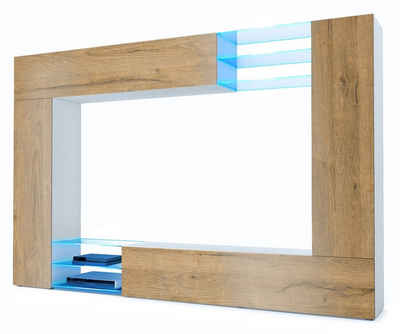 Vladon Wohnwand Mirage, (Anbauwand mit Rückwand mit 2 Türen, 4-St., 2 Klappen und 6 offenen Glasablagen), Weiß matt/Eiche Natur, inkl. LED-Beleuchtung (262 x 183 x 39 cm)