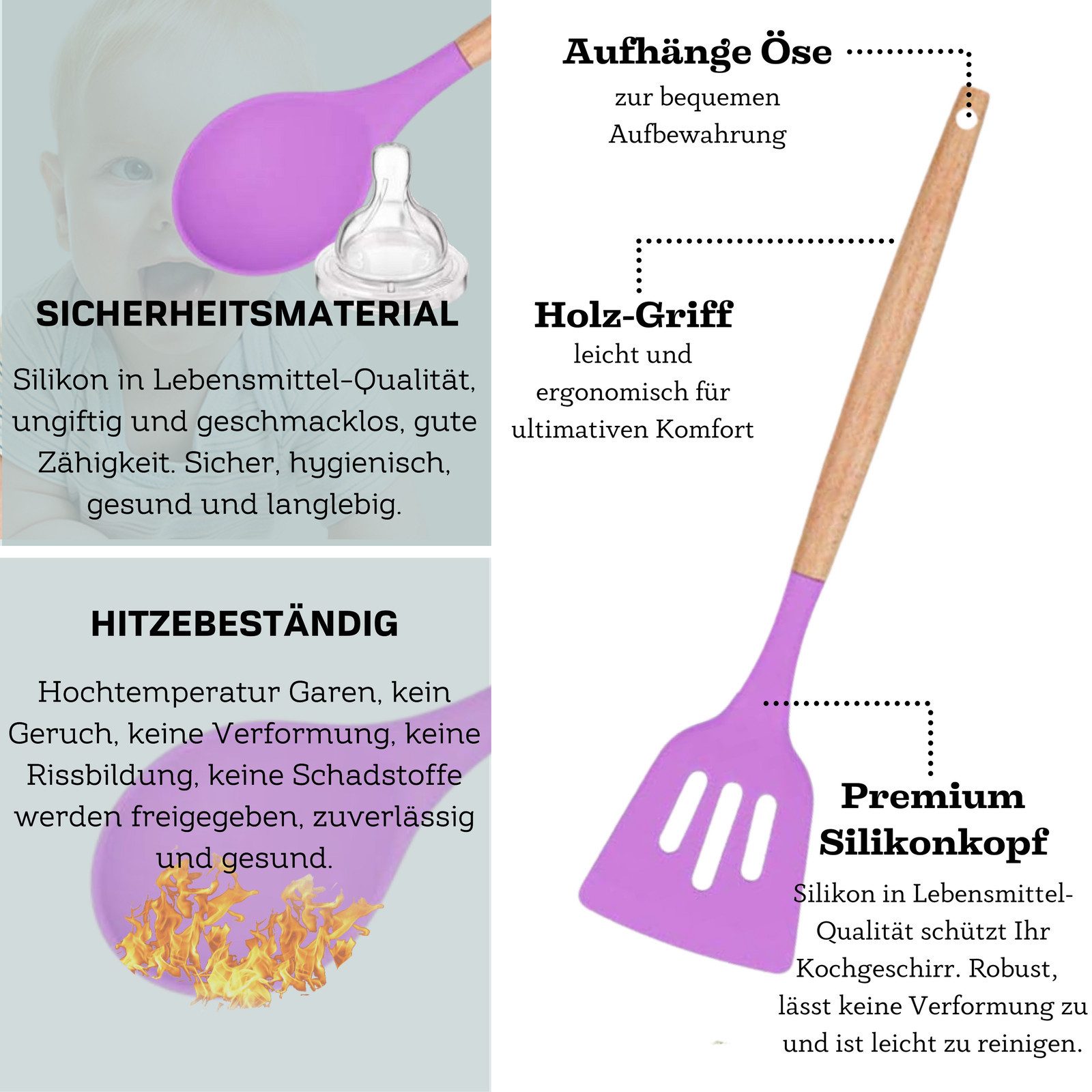 Faizee Möbel Kochbesteck-Set Küchenhelfer Set 12tlg Silikon Kochbesteck Holzgriff Küchenutensilien (12-tlg)