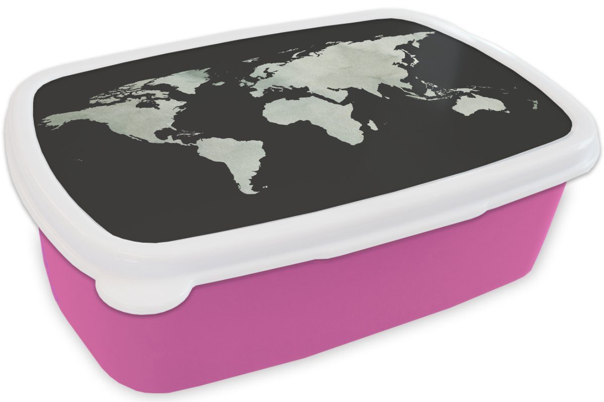 MuchoWow Lunchbox Weltkarte rosa Erwachsene, Mädchen, Grau Brotbox (2-tlg), für Kunststoff Kinder, Brotdose Snackbox, - Schwarz, Kunststoff, 