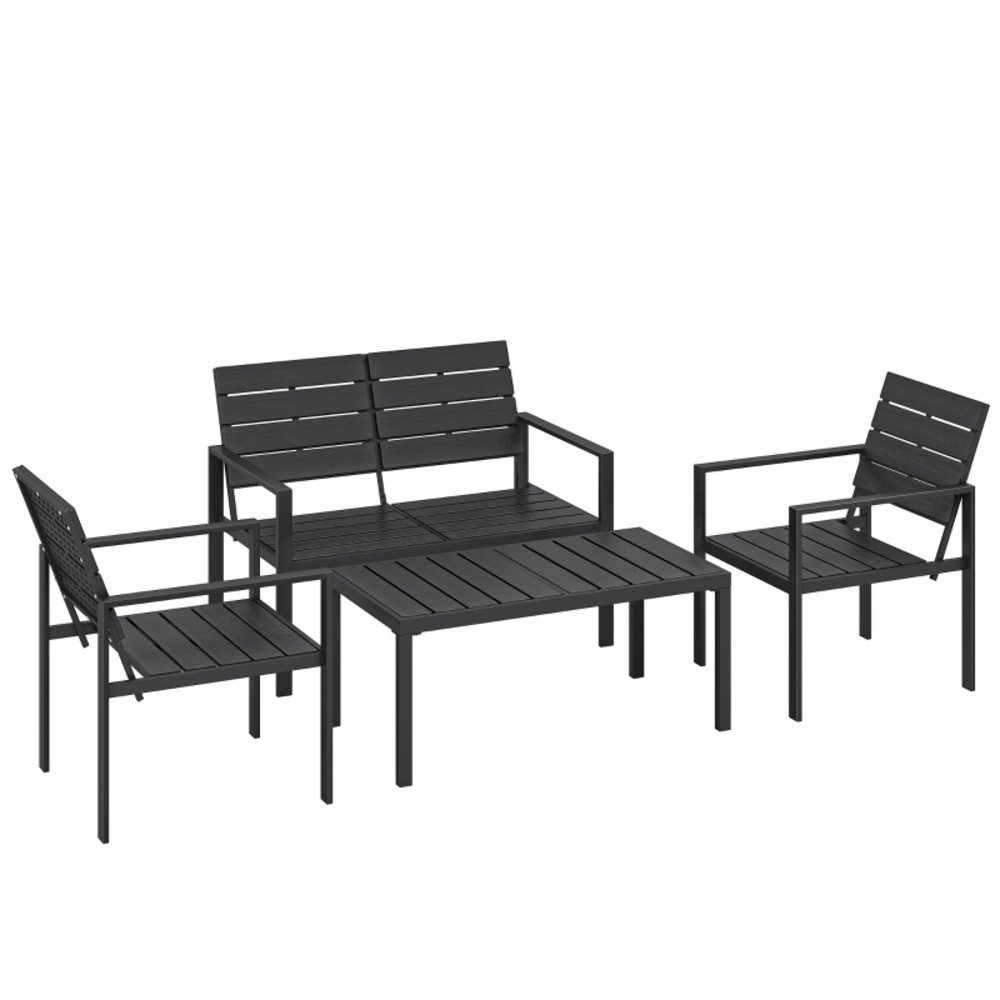 OKWISH Sitzgruppe 4-tlg. für 4 Personen, Lamellendesign wetterfest – Schwarz, (Set, 4-tlg., Gartenlounge für Terrasse, Hof & Poolbereich), mit 2er-Sofa, 2 Sesseln & Beistelltisch