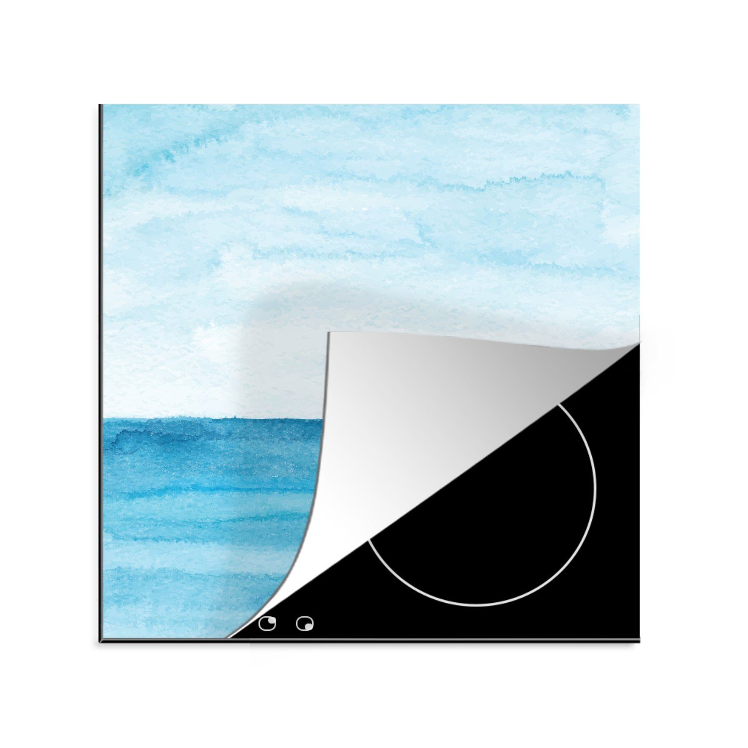 MuchoWow Herdblende-/Abdeckplatte Meer - Aquarell - Blau, Vinyl, (1 tlg), 78x78 cm, Ceranfeldabdeckung, Arbeitsplatte für küche