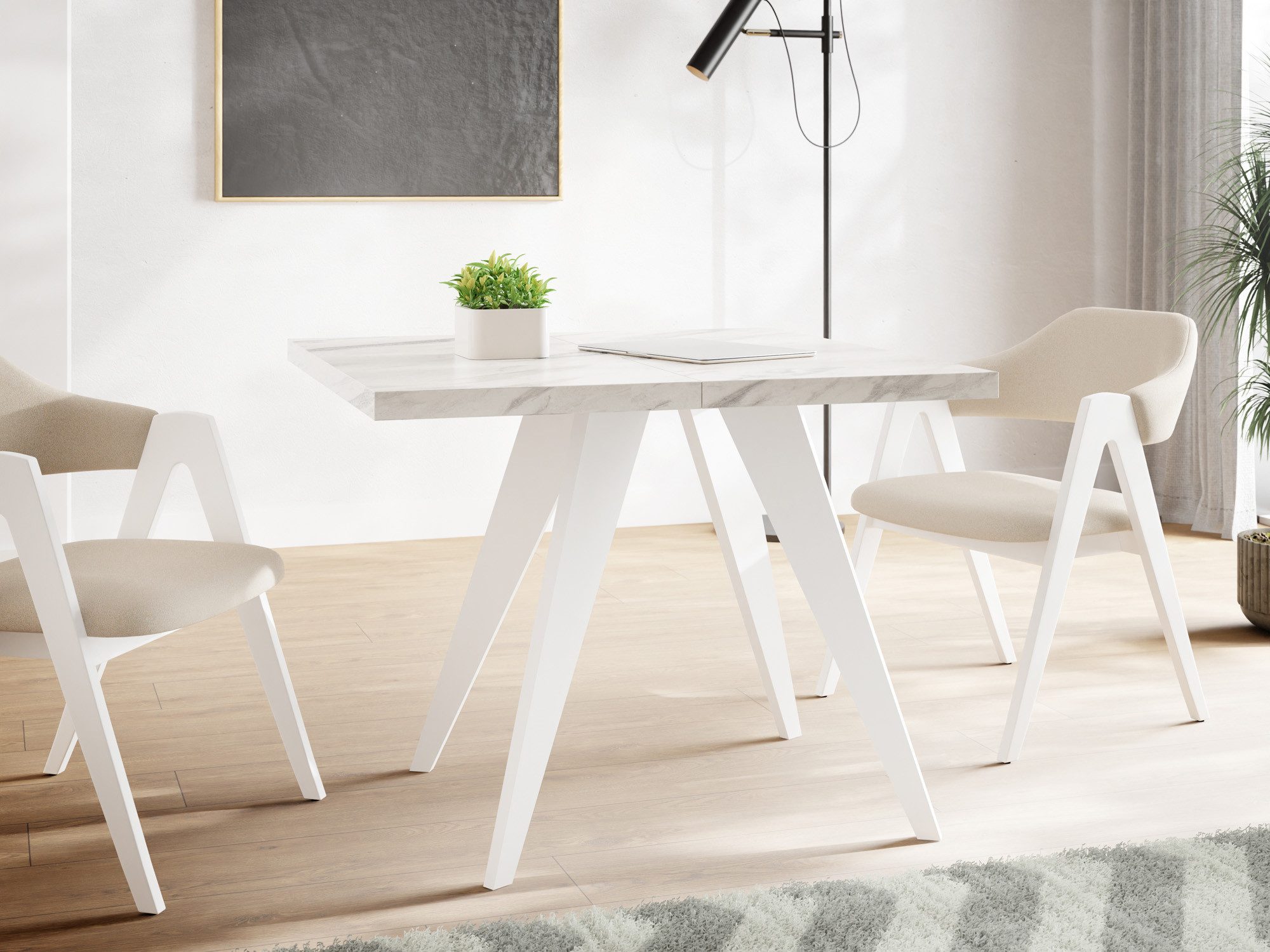 WFL GROUP Esstisch Quadro ausziehbar quadratisch loft mit weißen Holzbeinen (MADE IN EU, erhältlich in zwei Größen – 100/100 cm, ausziehbar auf 150/200 cm), platzsparender Tisch für kleine Küche, Esszimmer oder Wohnzimmer