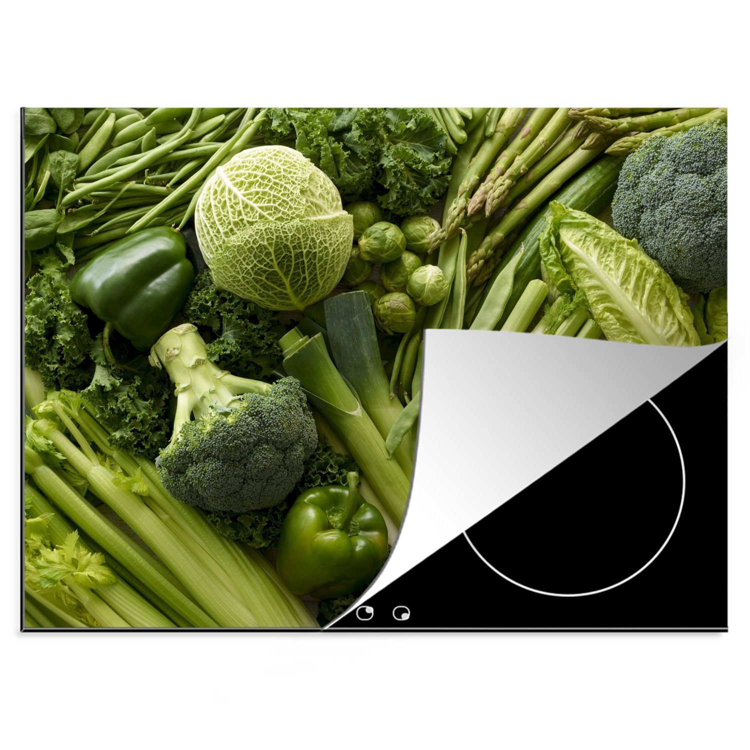 Gemüse Ceranfeldabdeckung Herdblende-/Abdeckplatte an grünes 70x52 (1 Vinyl, tlg), Ort, Frisches cm, nutzbar, Arbeitsfläche MuchoWow einem Mobile