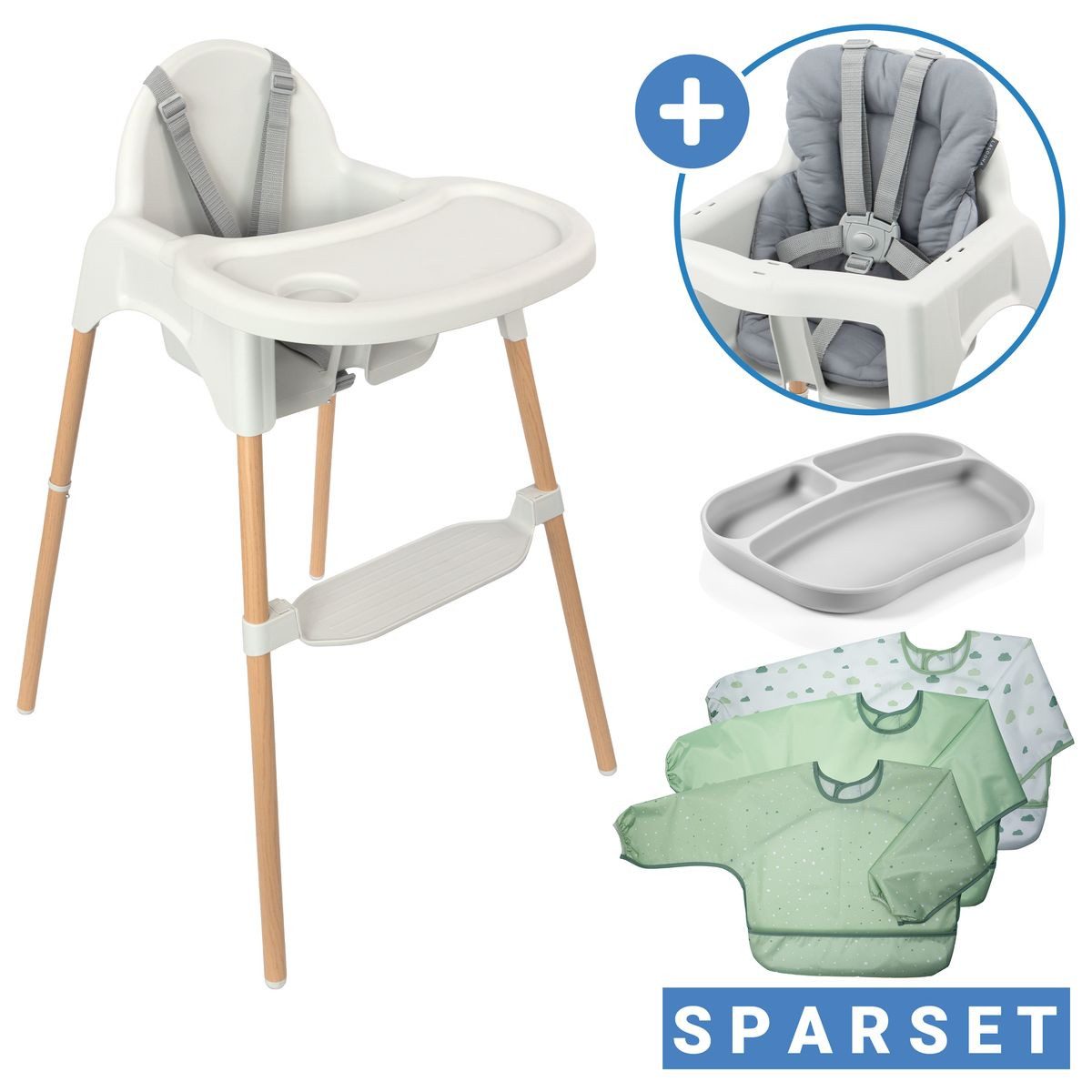 Zamboo Hochstuhl Grau, Baby Kinderhochstuhl inkl. Sitzverkleinerer, Esslern-Teller & Lätzchen