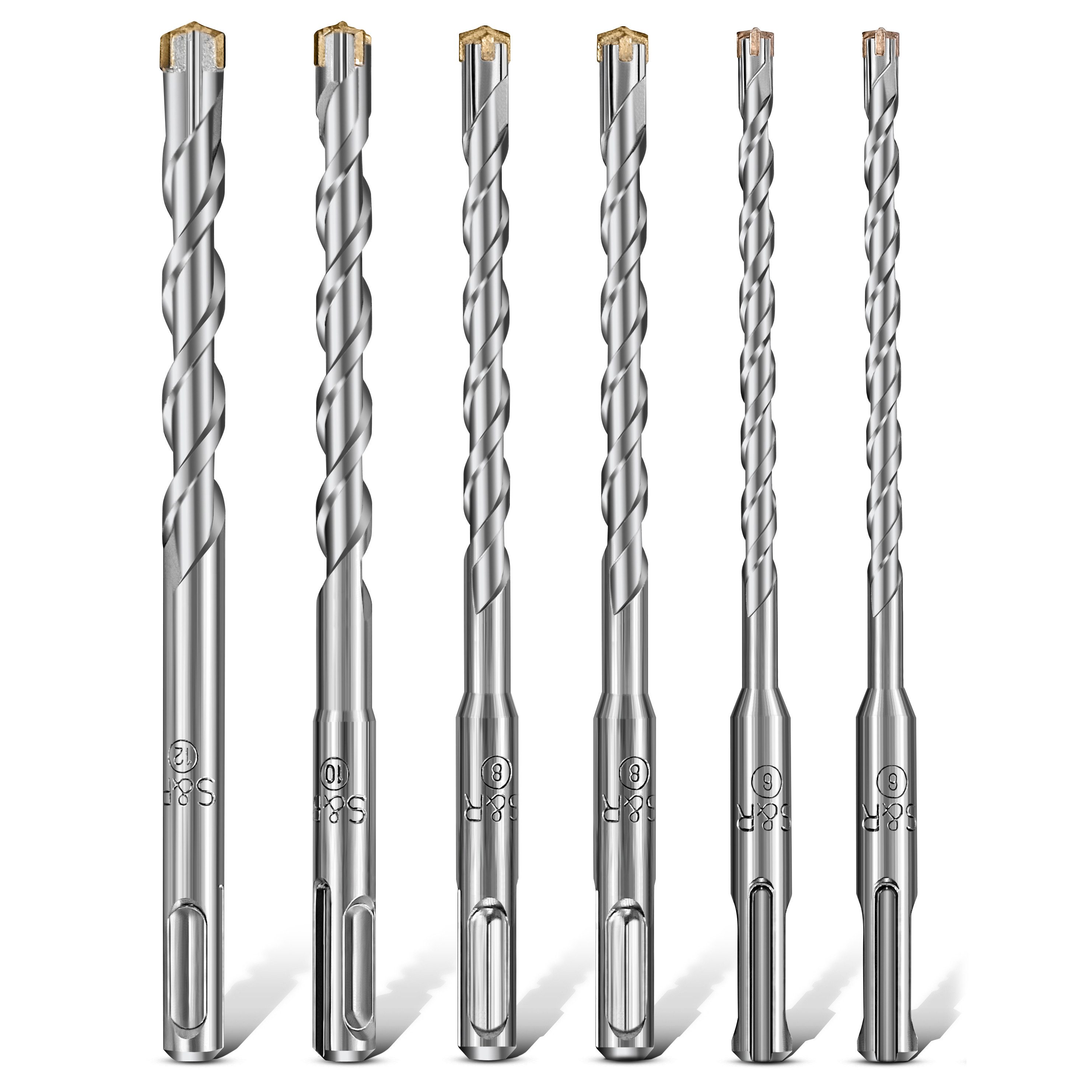 S&R Hammerbohrer SDS Plus Aufnahme, 4 x Schneiden, Stahlbeton Bohrer Satz, (Set, 6-tlg: 6, 8, 10, 12mm x 160 mm), für (armierten) Beton, Stein, Granit, mit 4 Schneiden-Geometrie