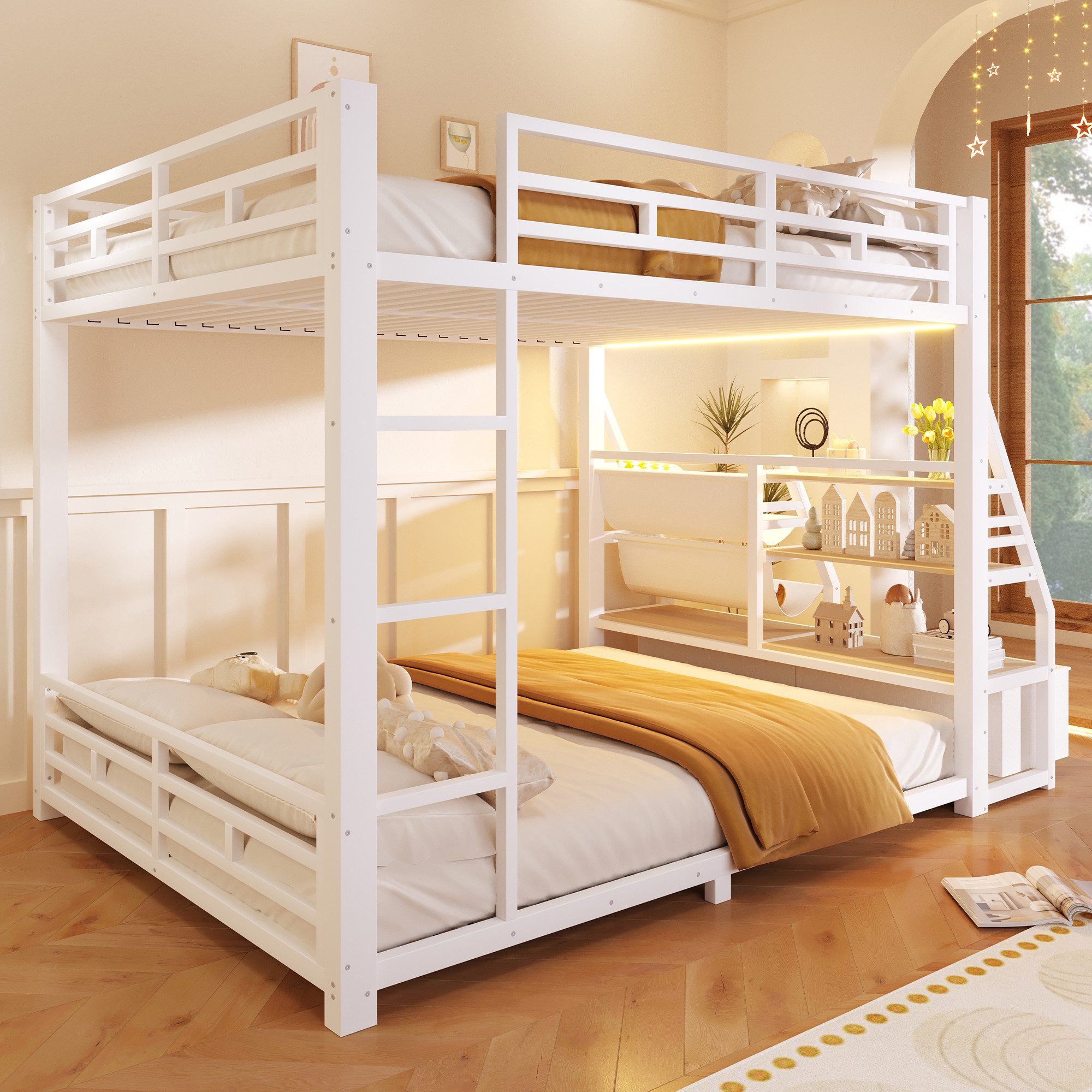 Merax Etagenbett mit LED-Beleuchtung, Metallbett (Jugendbett Stockbett Doppelbett, 1-St), Kinderbett 140x200cm mit Stoffschubladen Ablagefächern Leiter Geländer – Bild 3 von 5