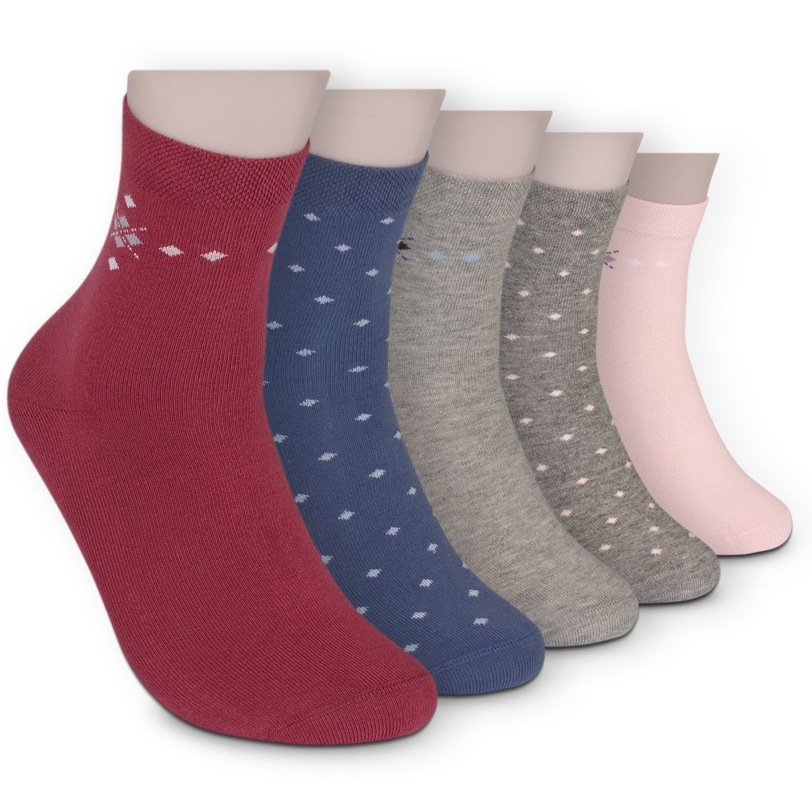 Die Sockenbude Kurzsocken WELLNESS (Bund, Gummi 5-Paar, mit blau ohne rosa) Komfortbund rot