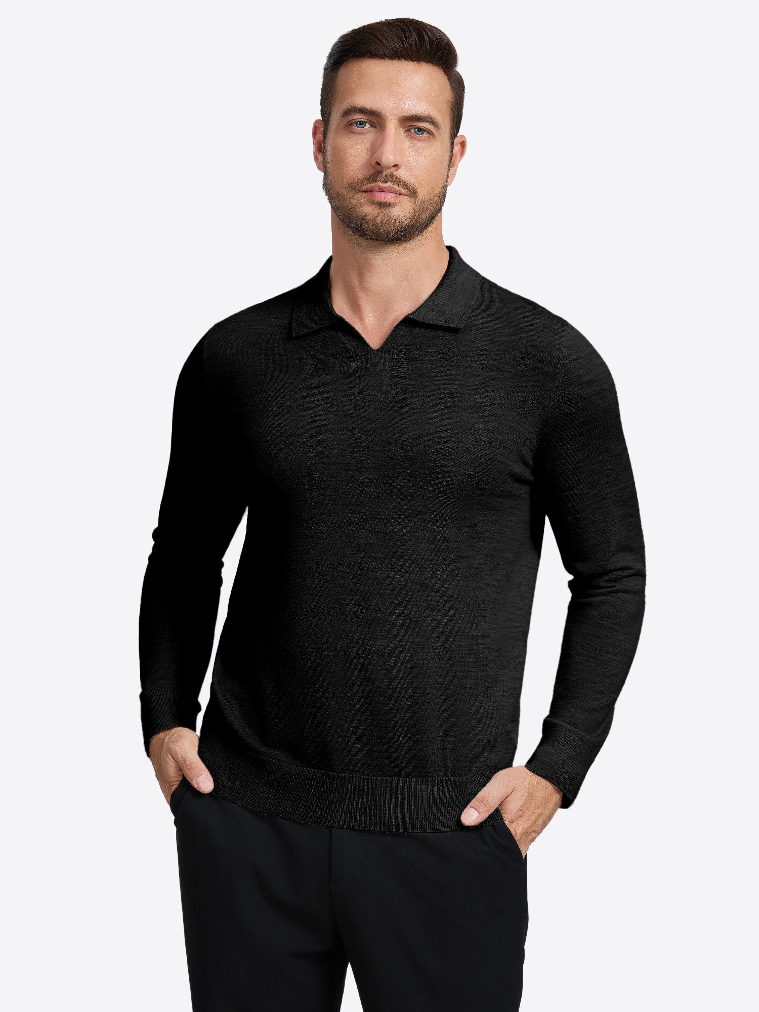 VANTORY Strickpullover Herren Langarm-Poloshirt mit offenem V-Ausschnitt ohne Knöpfe (Packung, 1-tlg., 1per-Pack) 100 % Wolle