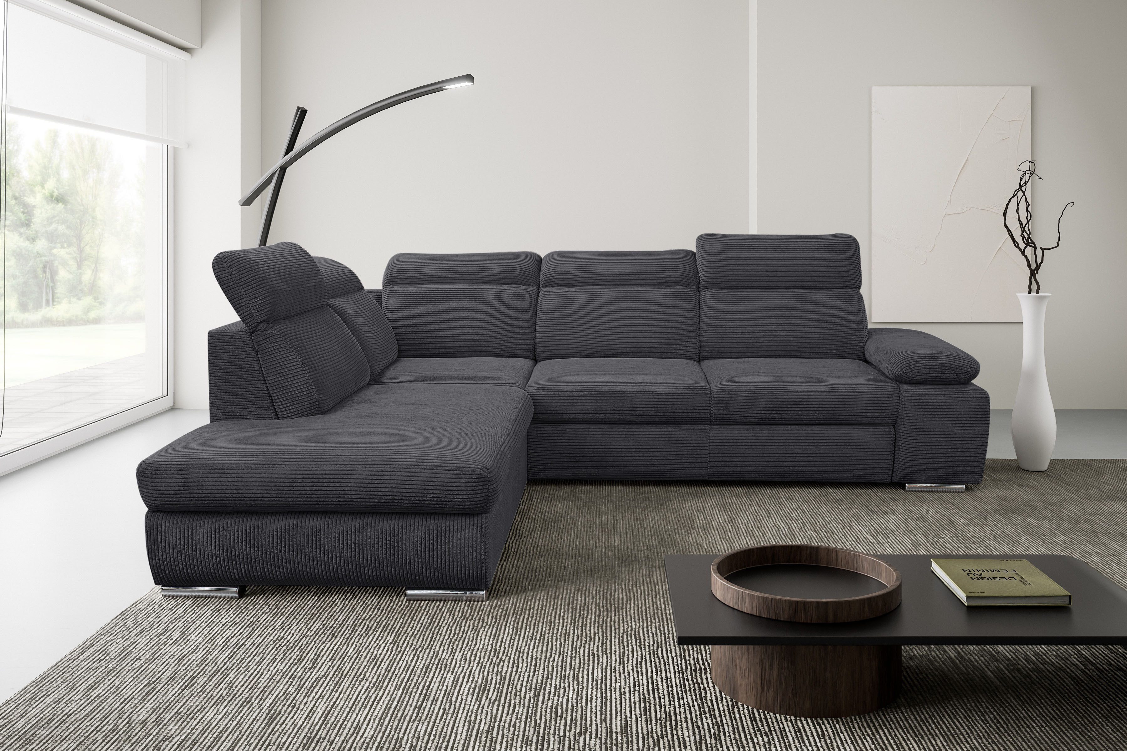 WERK2 Ecksofa Alicante 280 x 230 cm Cord L-Form, modern und bequem, Cord, L-Form, XXL, Schlaffunktion, Bettkasten