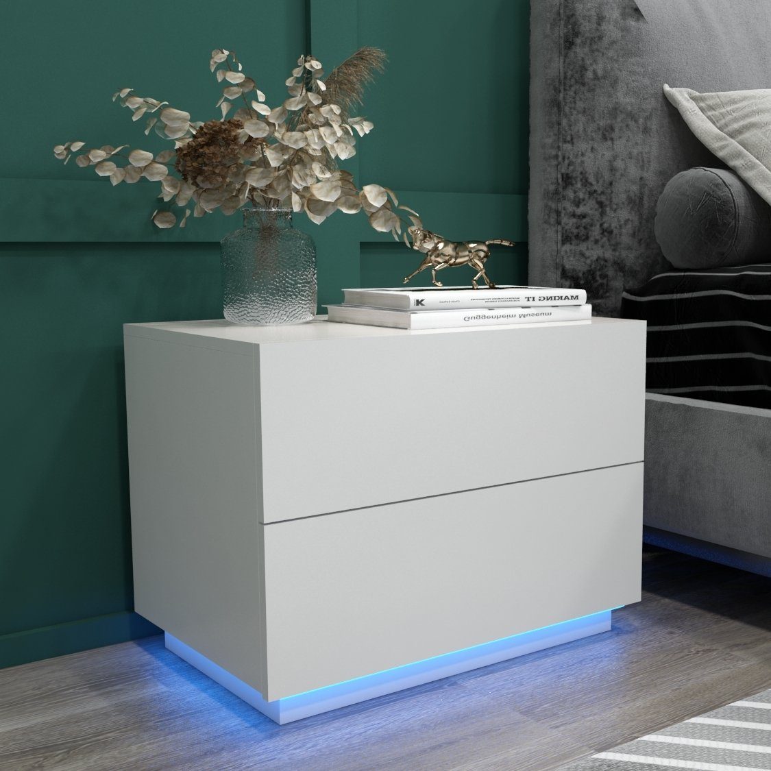 Mondeer Nachttisch LED Nachtkommode, Hochglanz-Nachttisch mit USB-LED-Lampe, 60x39x45cm weiß