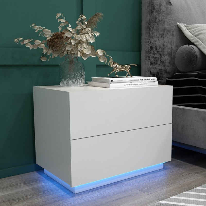 Mondeer Nachttisch LED Nachtkommode, Hochglanz-Nachttisch mit USB-LED-Lampe, 60x39x45cm