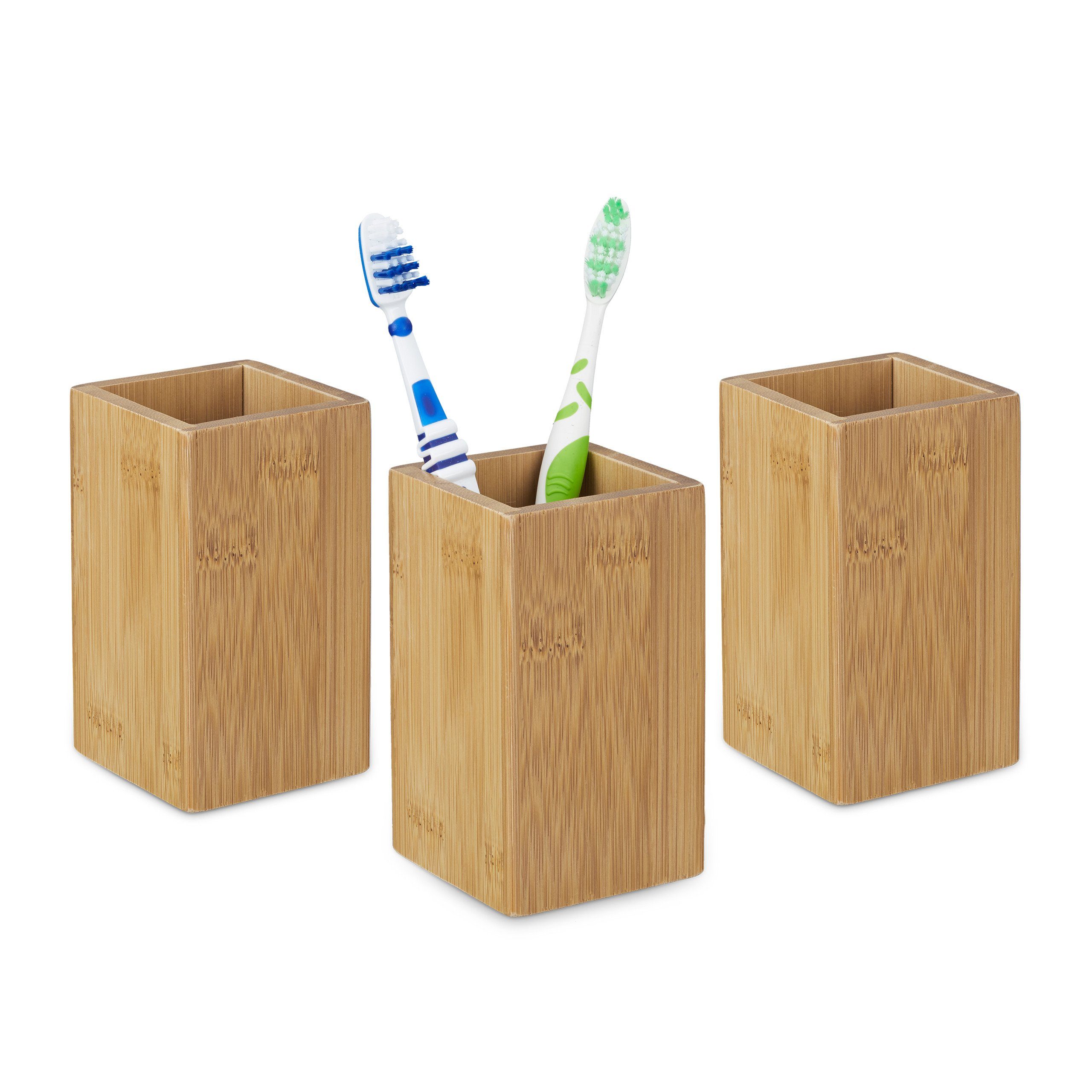 relaxdays Zahnputzbecher 3 x Zahnputzbecher Bambus günstig online kaufen