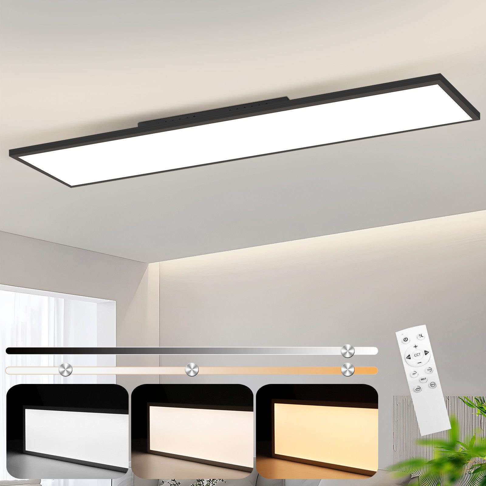 ZMH LED Deckenleuchte LED 3000-6500K dimmbar 100/120cm Schwarz/Weiß Deckenlampe, Augenschutz, LED fest integriert, warmweiß, neutralweiß, kaltweiß, 40W Rechteckig 4100LM Timer Memory Bürolampe