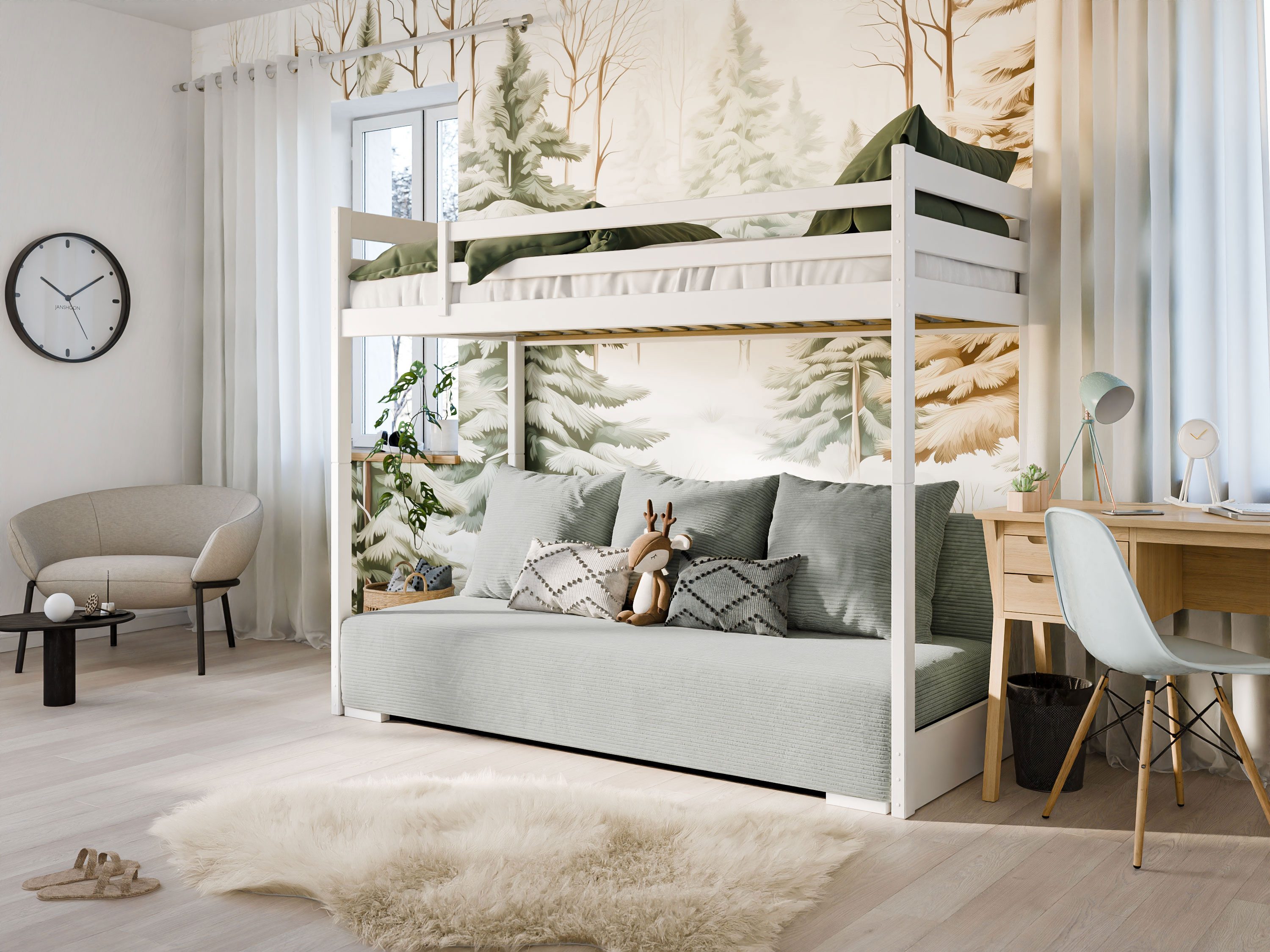 Kids Collective Hochbett 90x200 cm mit Schlafsofa 140x200 cm Couch in Cord-Stoff, 3 Kissen (Stockbett mit Leiter und Schlafcouch 200x140) OEKO TEX 100 mit 3 Kis – Bild 3 von 5